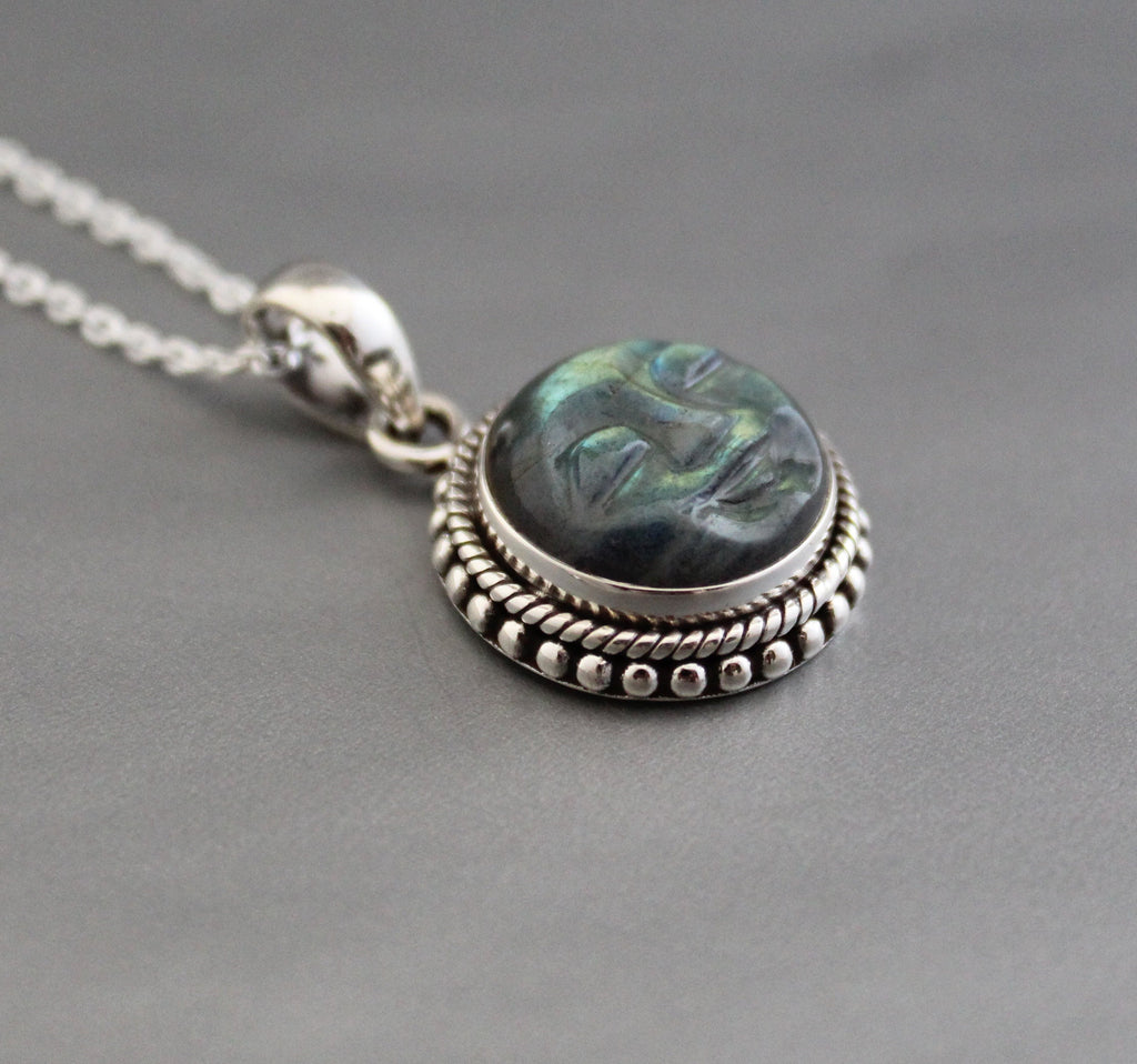 Labradorite Moon Face Necklace: Sterling Silver Celestial Jewelry