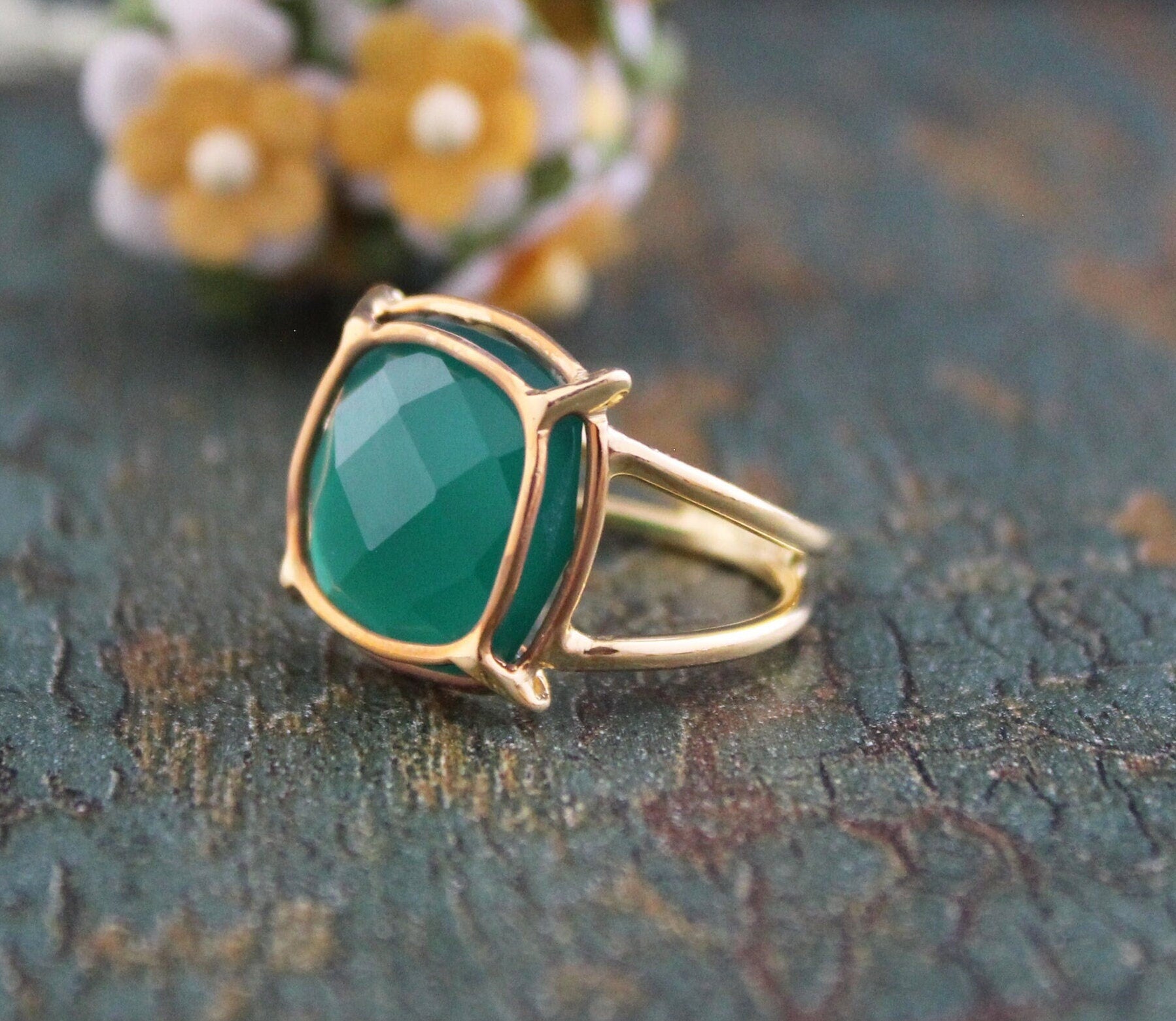 Green Onyx Ring, Boho Silver Ring, Thin Band Delicate Ring, 925 Sterling Silver Statement Jewelry, 14K Gold Vermiel