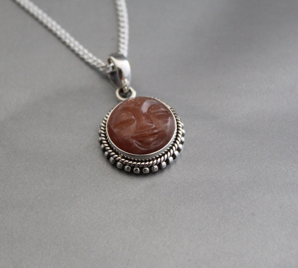 Sandstone Moon Face Necklace, Sterling Silver Birthday gifts, birthstone necklace, Crystal Necklace