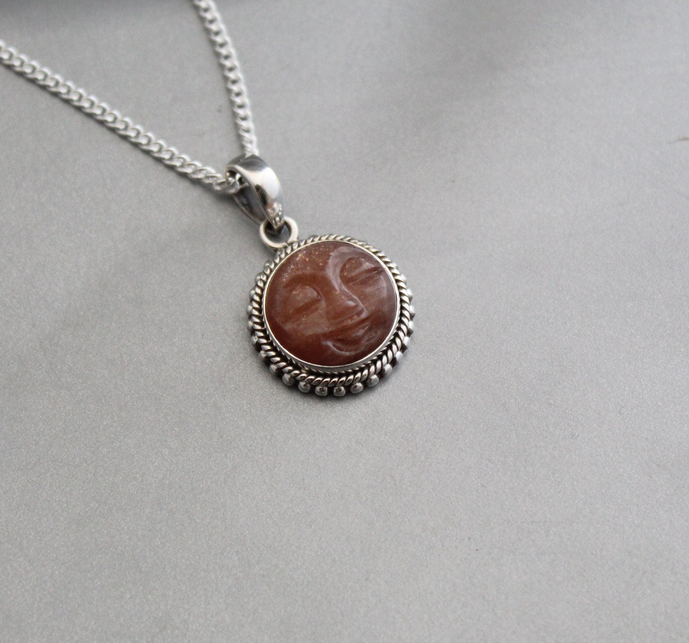 Sandstone Moon Face Necklace, Sterling Silver Birthday gifts, birthstone necklace, Crystal Necklace