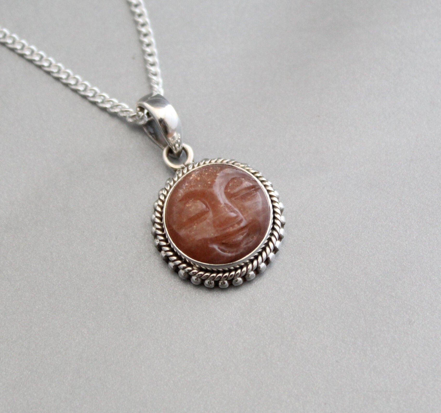 Sandstone Moon Face Necklace, Sterling Silver Birthday gifts, birthstone necklace, Crystal Necklace
