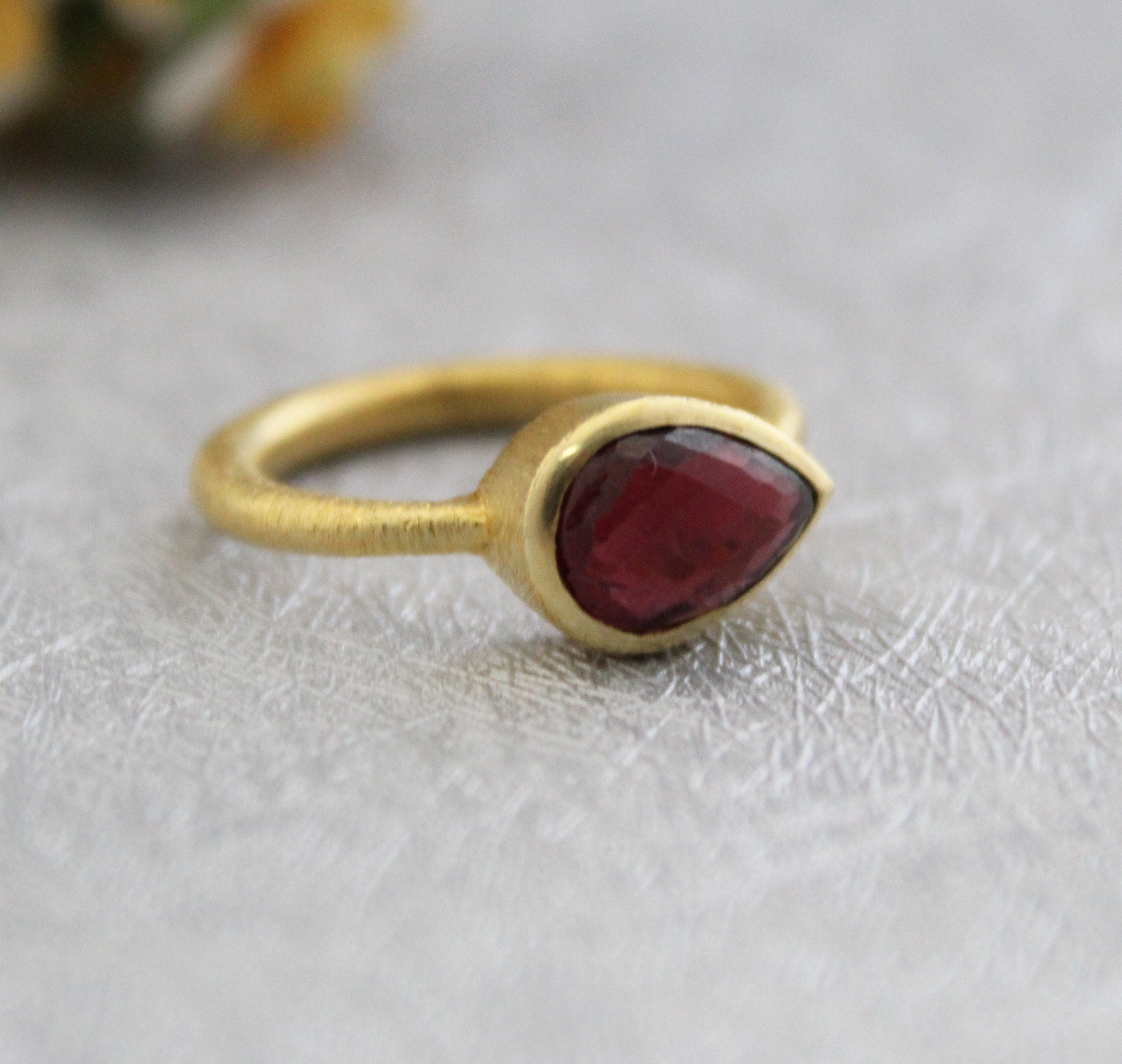 Garnet Ring, Teardrop Gemstone, 18K Gold Filled, Handmade Ring, Wedding Jewelry, White Rainbow, Gift Ring, January Birthstone