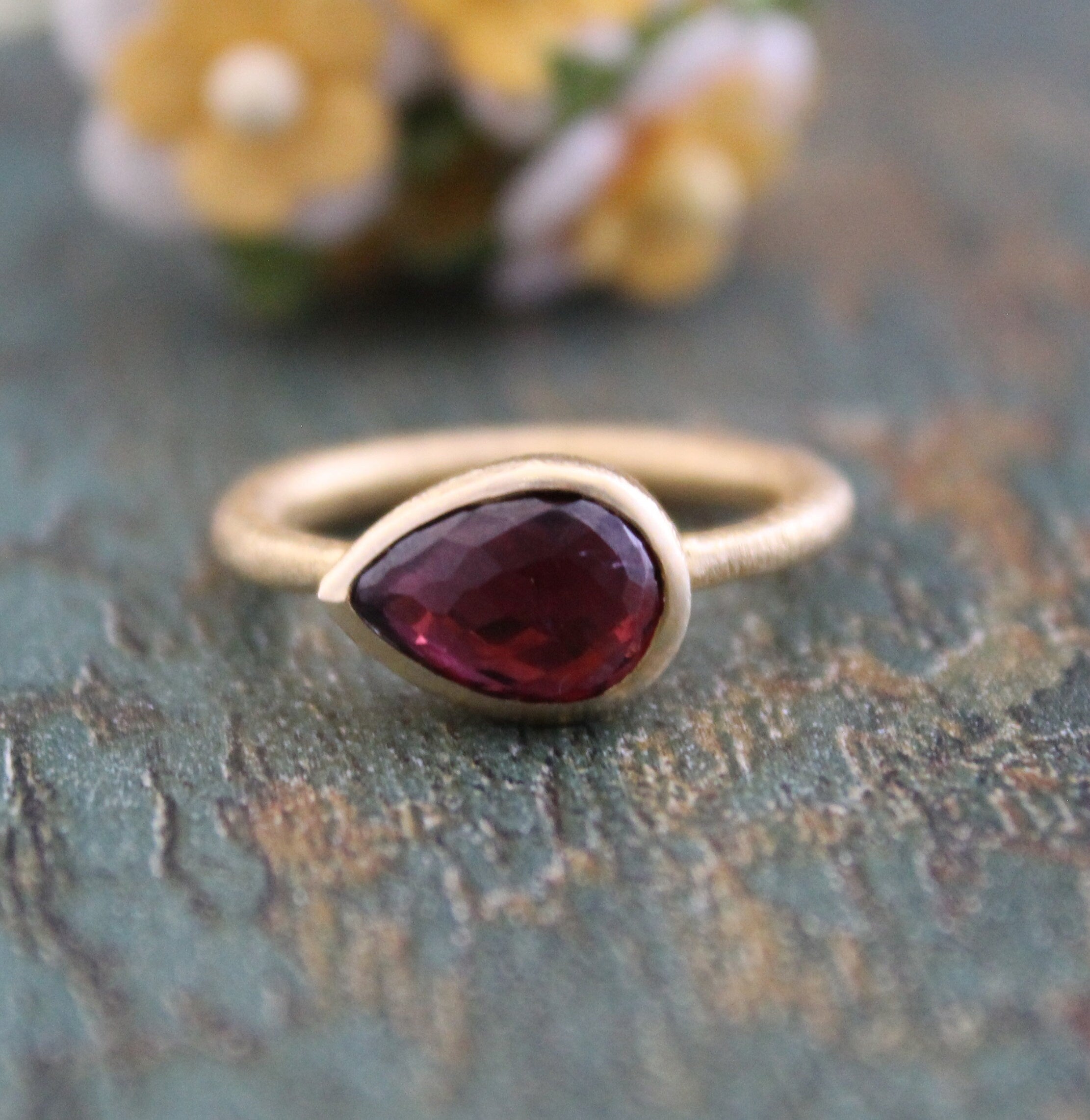 Garnet Ring, Teardrop Gemstone, 18K Gold Filled, Handmade Ring, Wedding Jewelry, White Rainbow, Gift Ring, January Birthstone