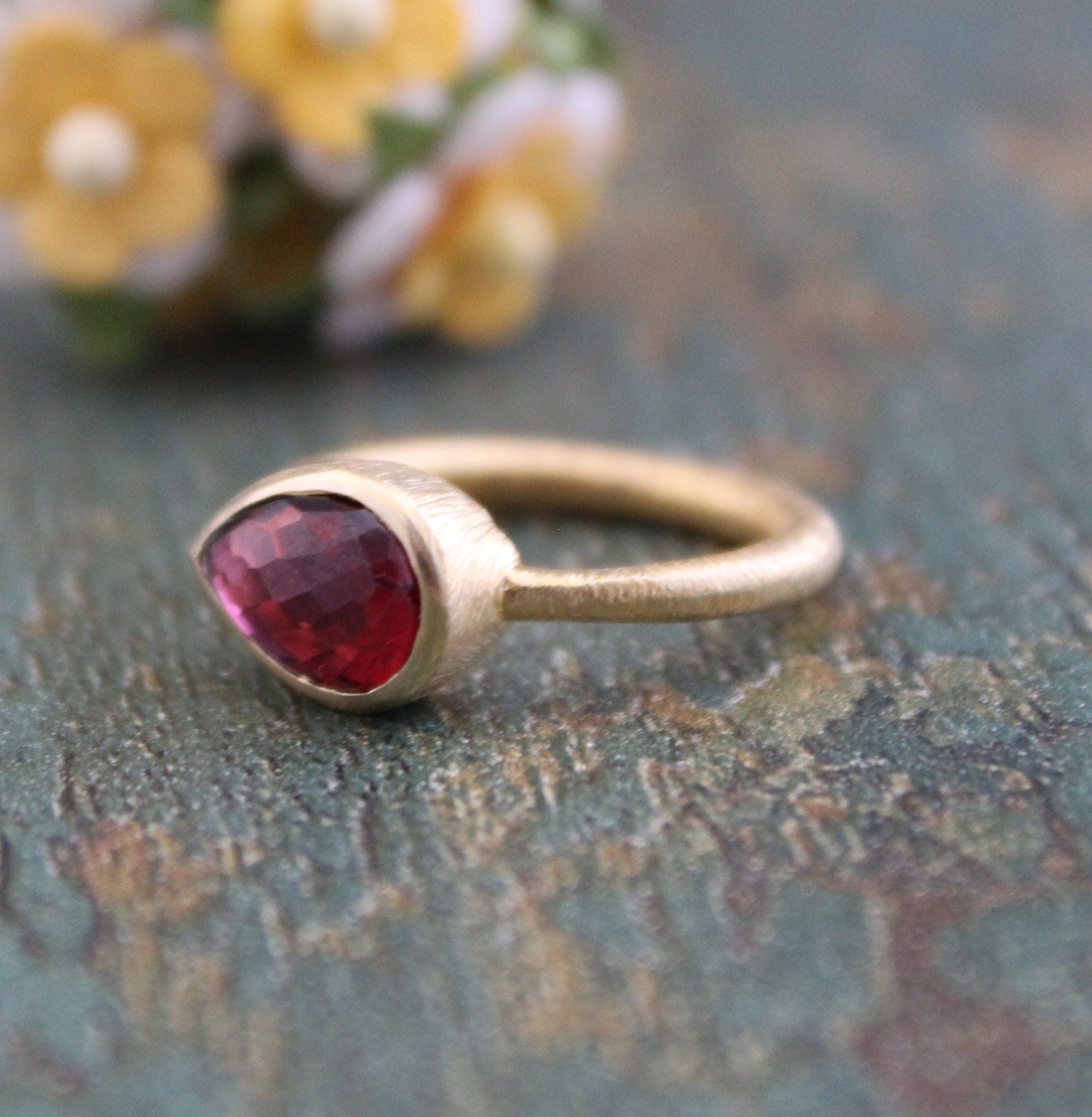 Garnet Ring, Teardrop Gemstone, 18K Gold Filled, Handmade Ring, Wedding Jewelry, White Rainbow, Gift Ring, January Birthstone