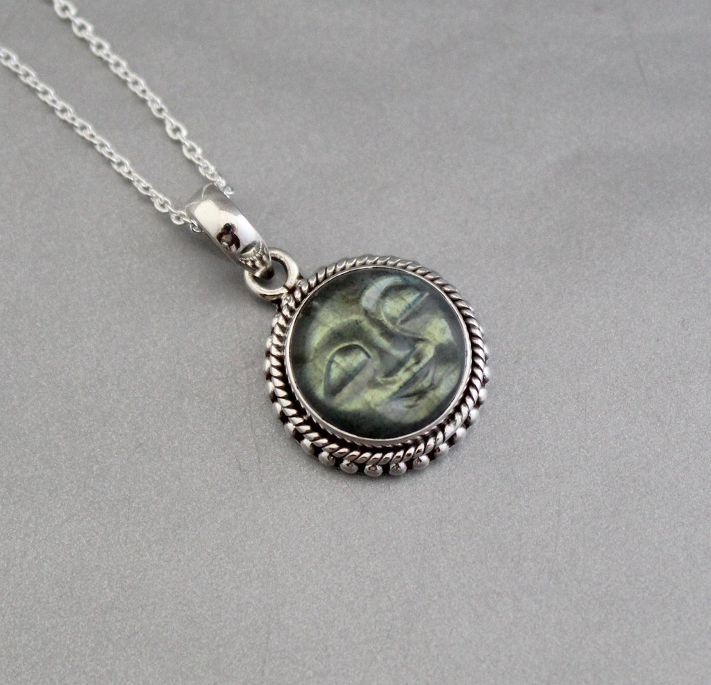 Labradorite Moon Face Necklace: Sterling Silver Celestial Jewelry