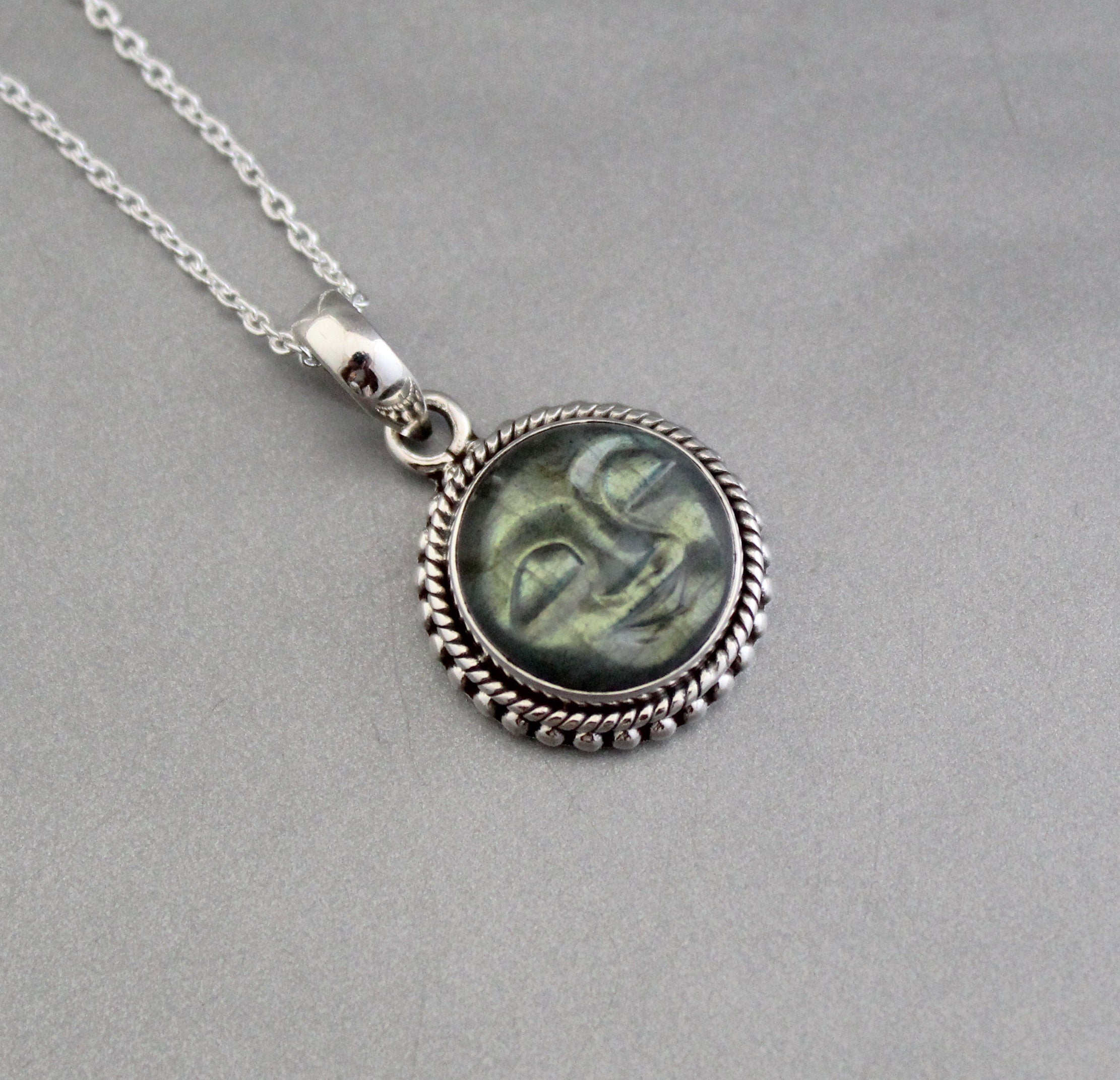 Labradorite Moon Face Necklace: Sterling Silver Celestial Jewelry