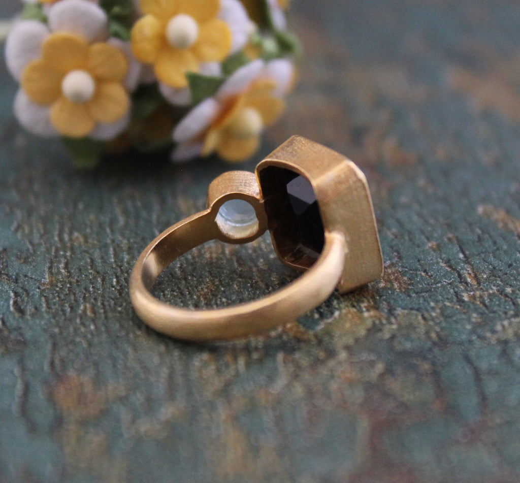 Black Onyx Rectangle Ring, 18K Gold, Two Stone, Woman Cocktail Ring, Handmade Onyx Ring, Boho Jewelry, Gift For Wife