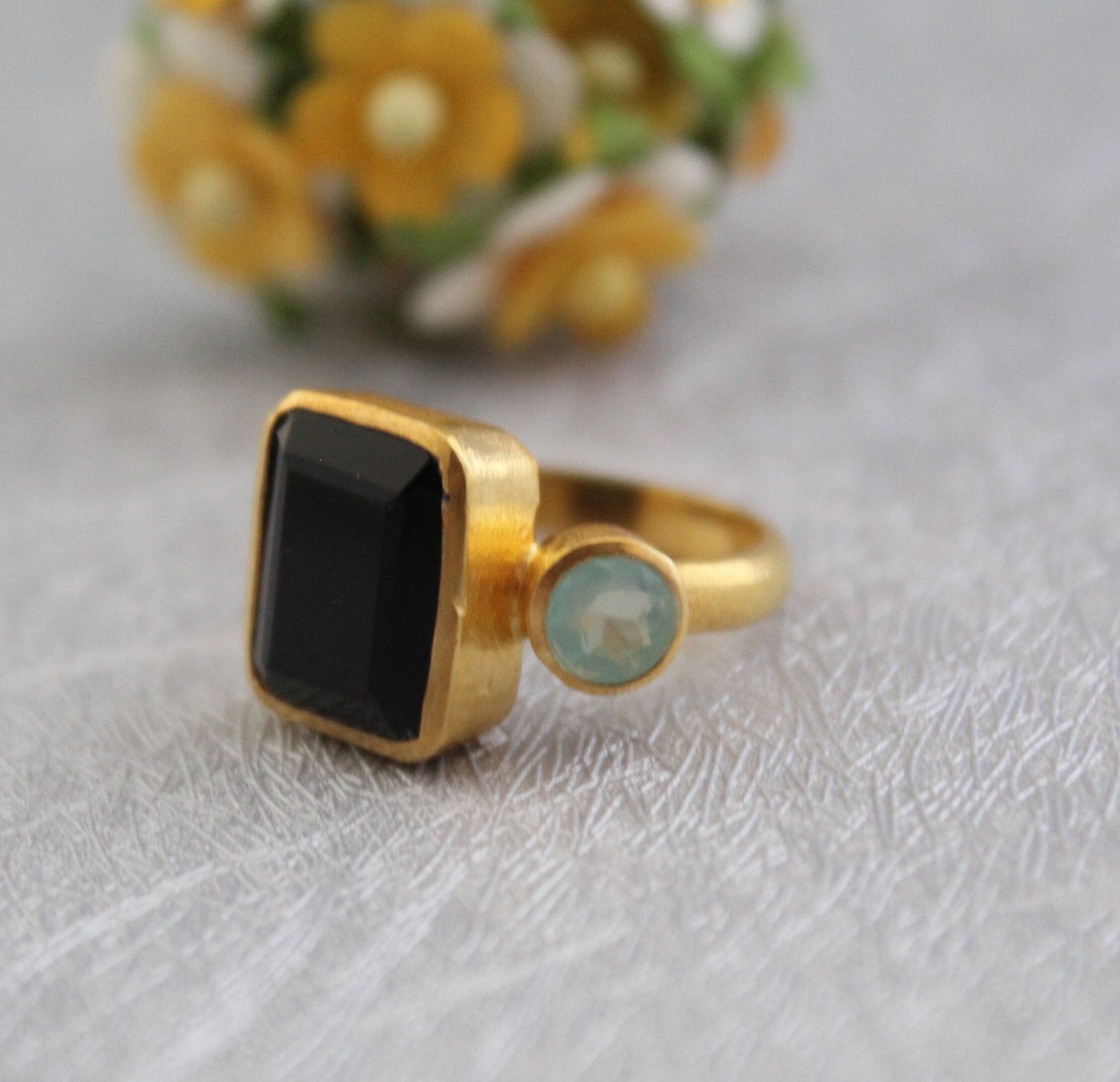 Black Onyx Rectangle Ring, 18K Gold, Two Stone, Woman Cocktail Ring, Handmade Onyx Ring, Boho Jewelry, Gift For Wife