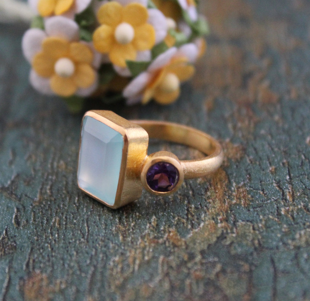 Aqua Chalcedony Ring, Gemstone Jewelry, 18k Gold Ring for Mom, Handmade Jewelry, Multi Stone Ring, Birthstone Jewelry, Minimalist Ring