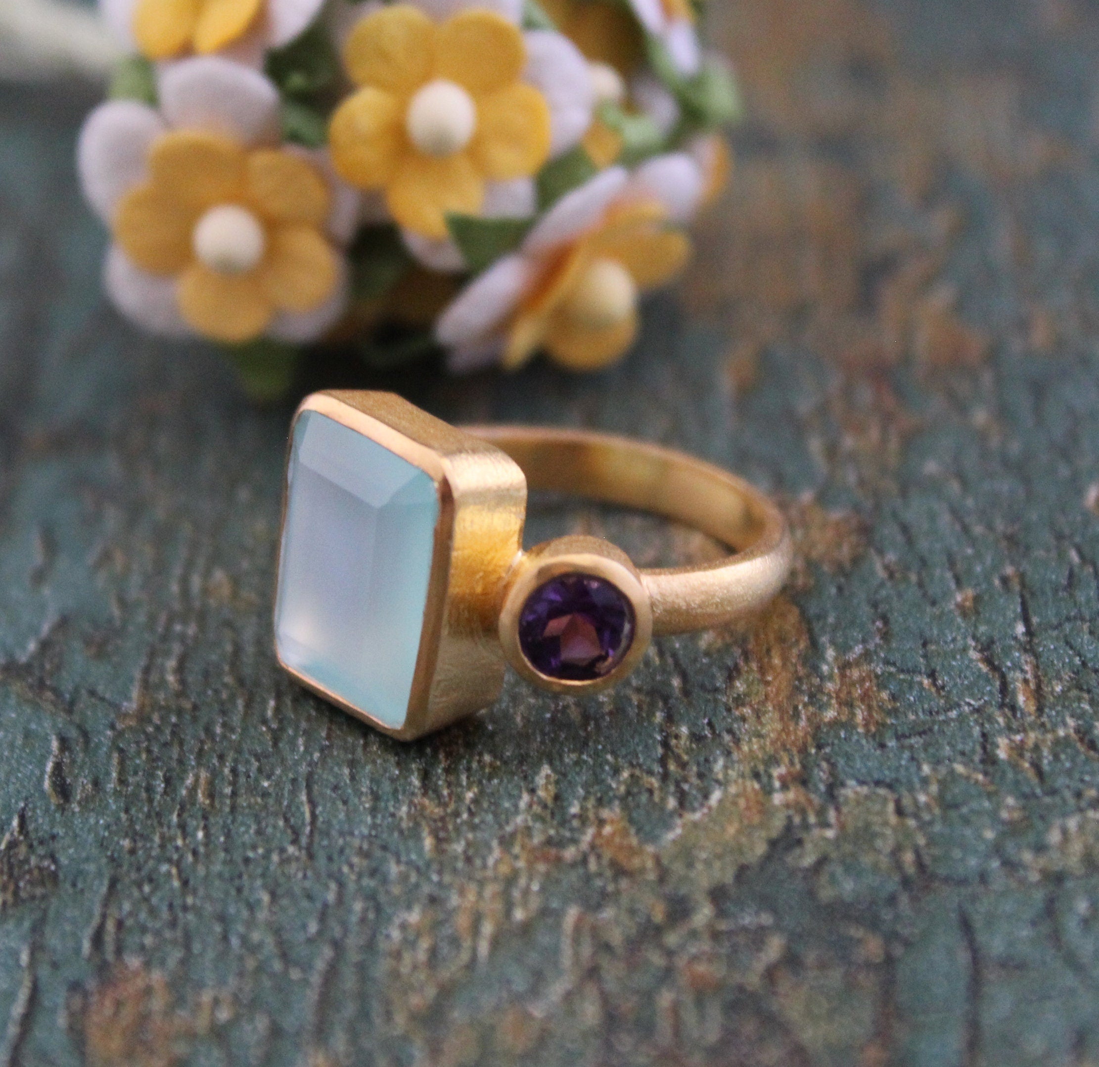 Aqua Chalcedony Ring, Gemstone Jewelry, 18k Gold Ring for Mom, Handmade Jewelry, Multi Stone Ring, Birthstone Jewelry, Minimalist Ring