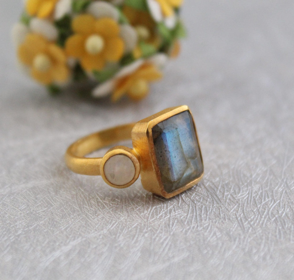 Handmade Blue Fire Labradorite Ring, Silver Jewelry, 14K Gold Ring, Rectangle Cut Birthstone