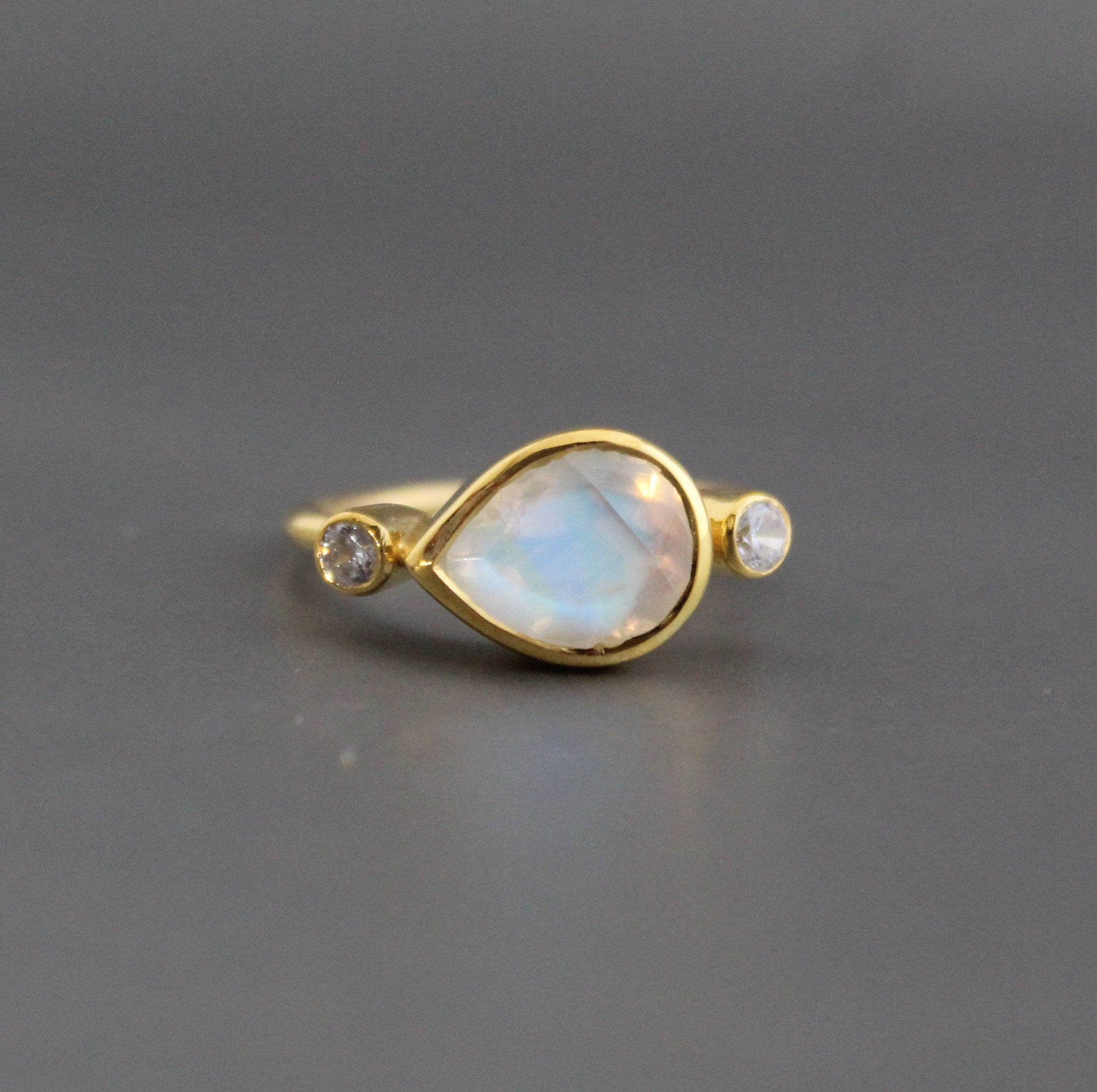 Dainty Rainbow Moonstone Ring, 18K Gold filled Sterling Silver, Pear Cut Statement ring, alternative engagement ring, June Birthstone Gift