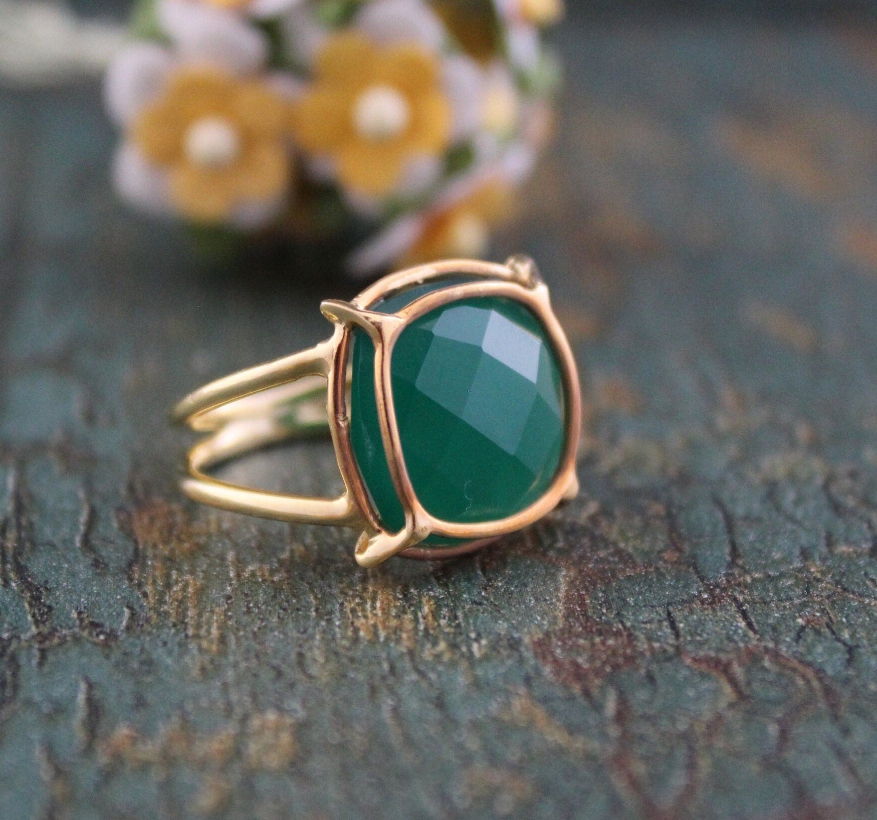 Green Onyx Ring, Boho Silver Ring, Thin Band Delicate Ring, 925 Sterling Silver Statement Jewelry, 14K Gold Vermiel