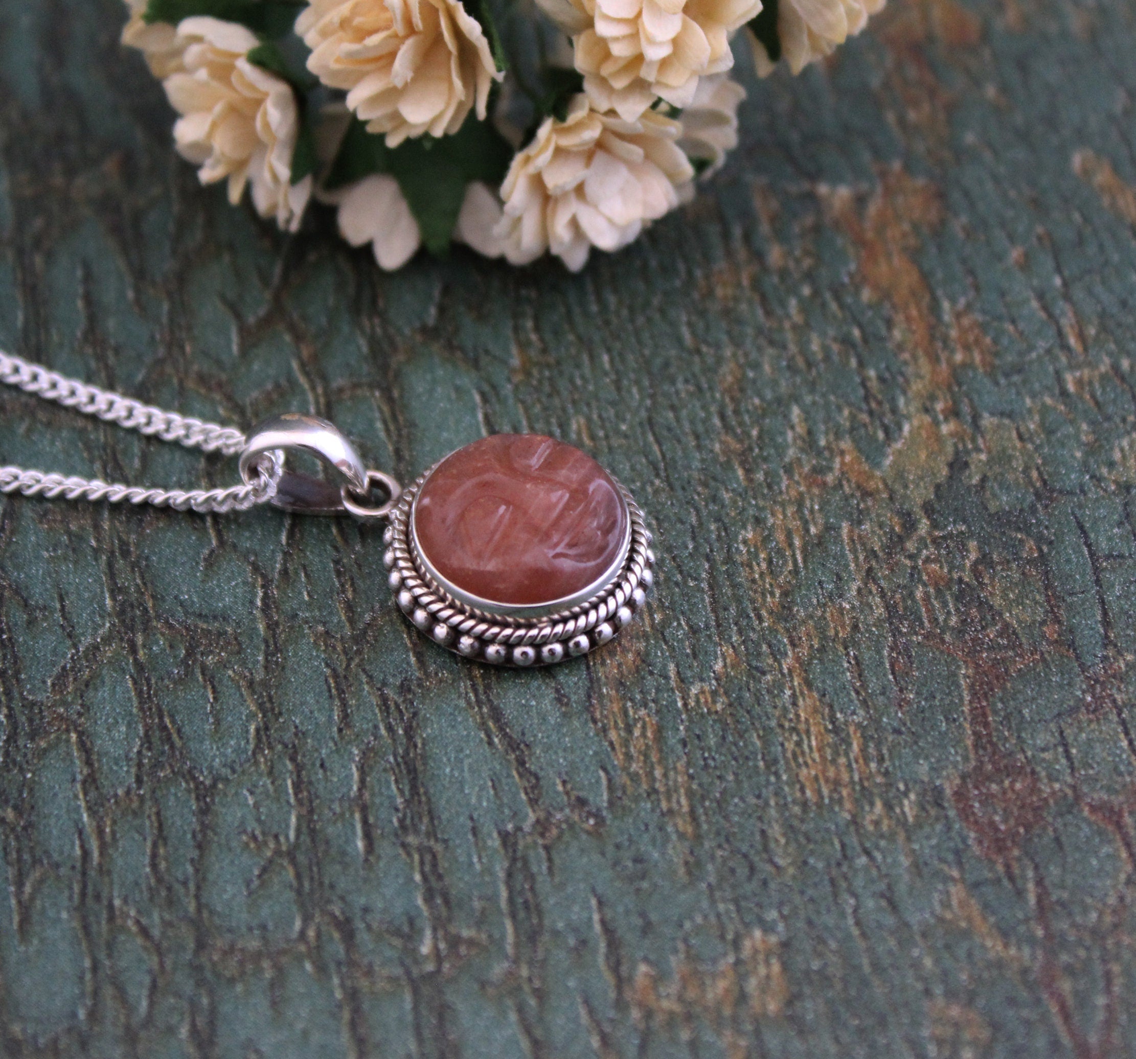 Sandstone Moon Face Necklace, Sterling Silver Birthday gifts, birthstone necklace, Crystal Necklace