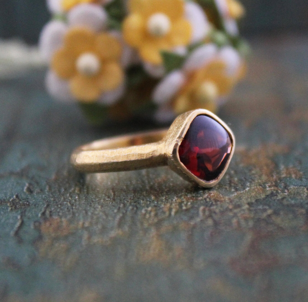 Garnet Signet Ring, 18K Gold Plated, January Birthstone, Passion Stone, Birthday Gift, Cushion Garnet Ring