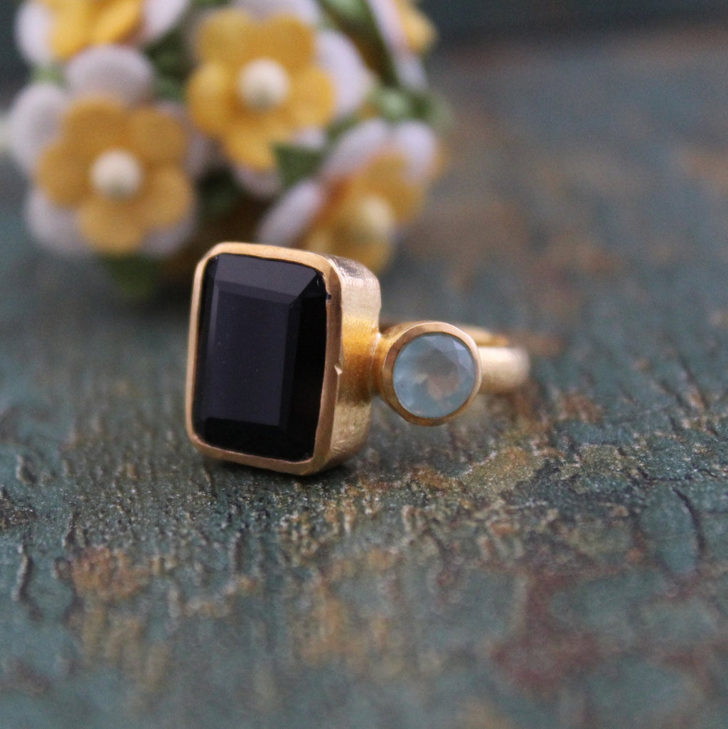 Black Onyx Rectangle Ring, 18K Gold, Two Stone, Woman Cocktail Ring, Handmade Onyx Ring, Boho Jewelry, Gift For Wife