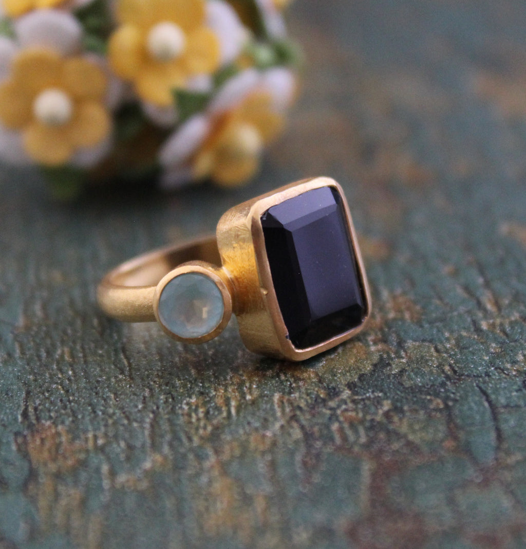 Black Onyx Rectangle Ring, 18K Gold, Two Stone, Woman Cocktail Ring, Handmade Onyx Ring, Boho Jewelry, Gift For Wife
