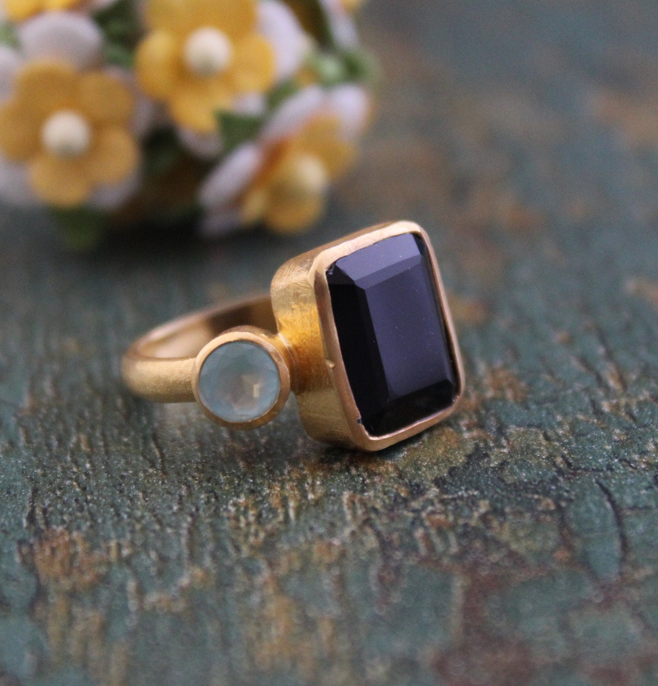 Black Onyx Rectangle Ring, 18K Gold, Two Stone, Woman Cocktail Ring, Handmade Onyx Ring, Boho Jewelry, Gift For Wife