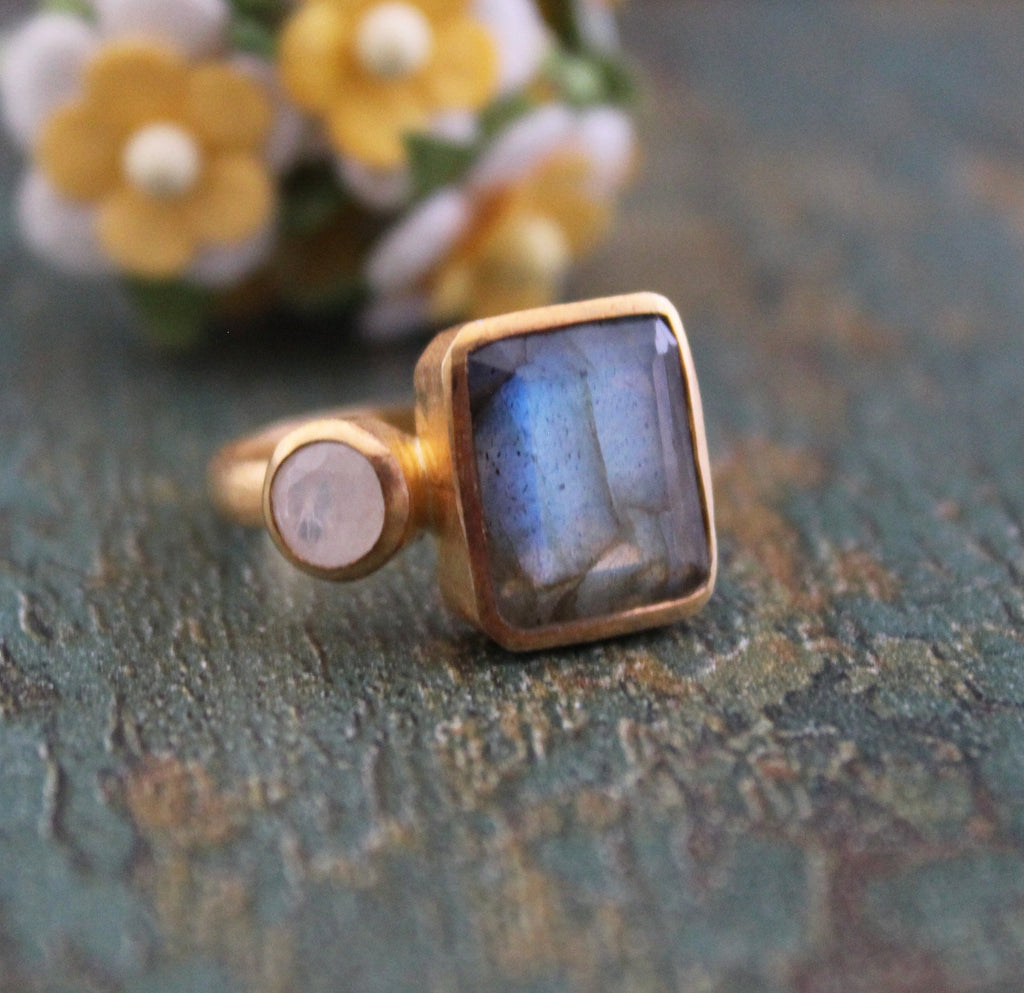 Handmade Blue Fire Labradorite Ring, Silver Jewelry, 14K Gold Ring, Rectangle Cut Birthstone