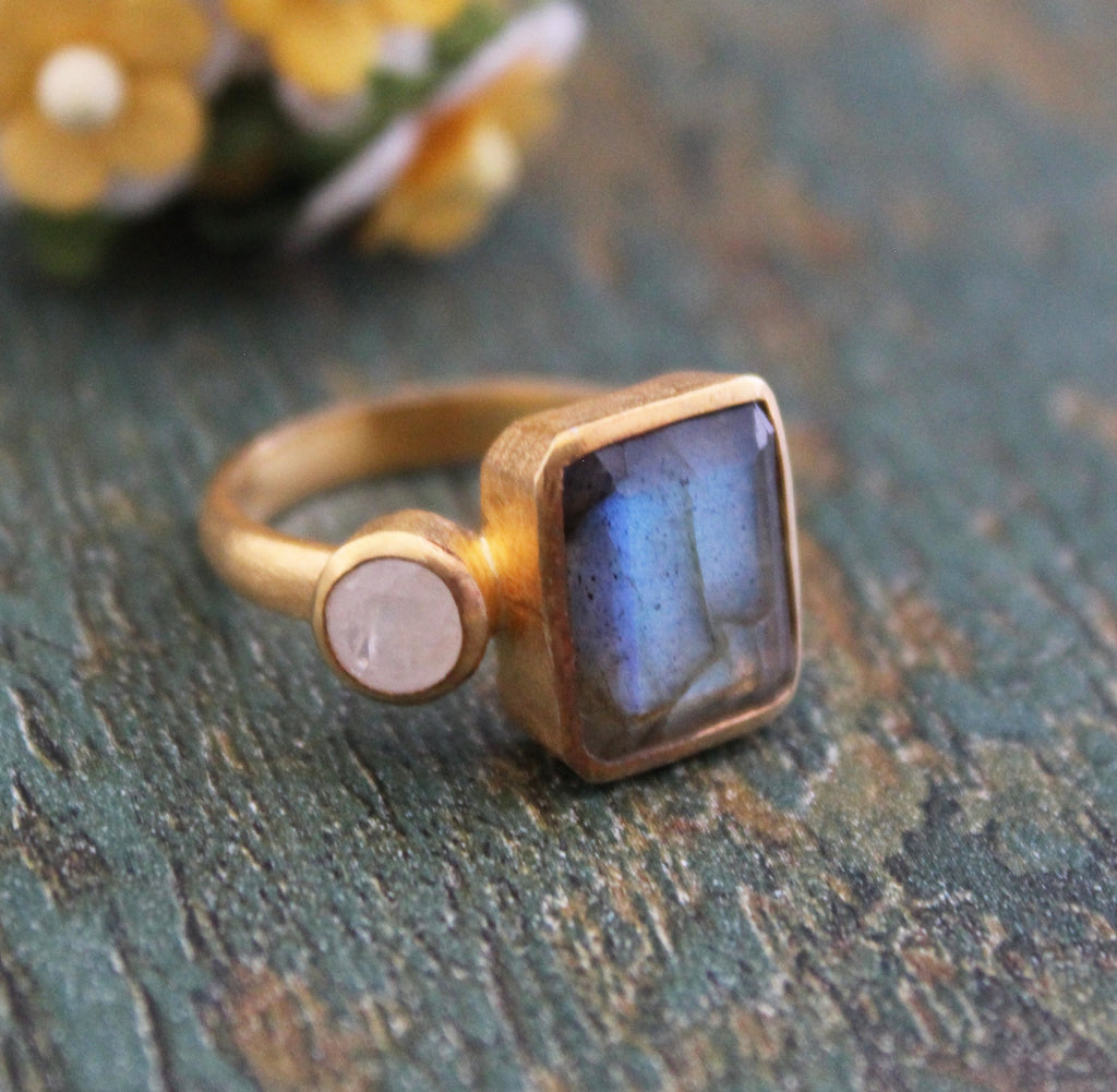 Handmade Blue Fire Labradorite Ring, Silver Jewelry, 14K Gold Ring, Rectangle Cut Birthstone