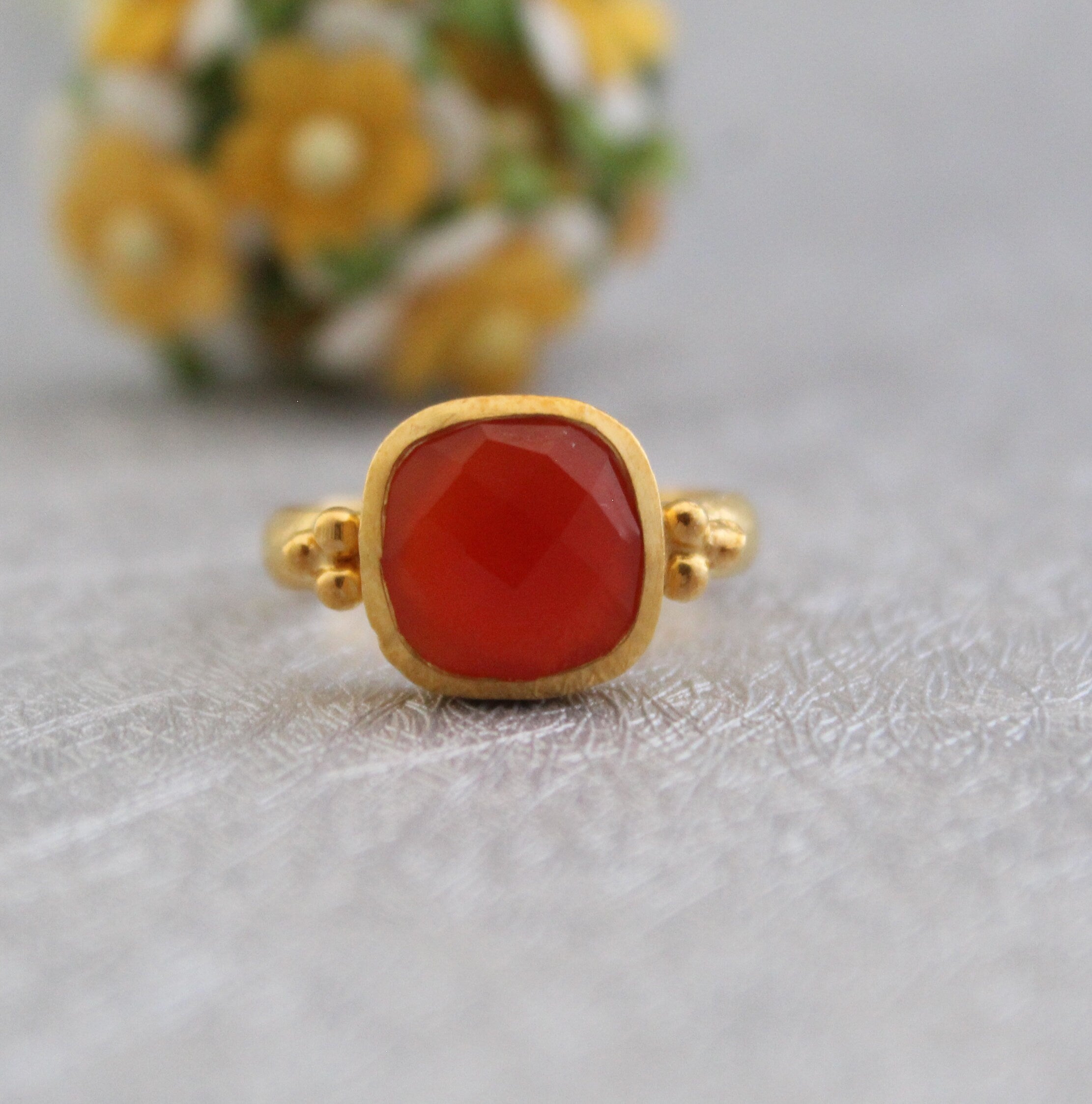 Carnelian ring, 18K Gold Vermiel, Personalized Gifts For Mom, Handmade Jewellery, Cushion Stone Ring, Engagement Ring, Pretty Ring