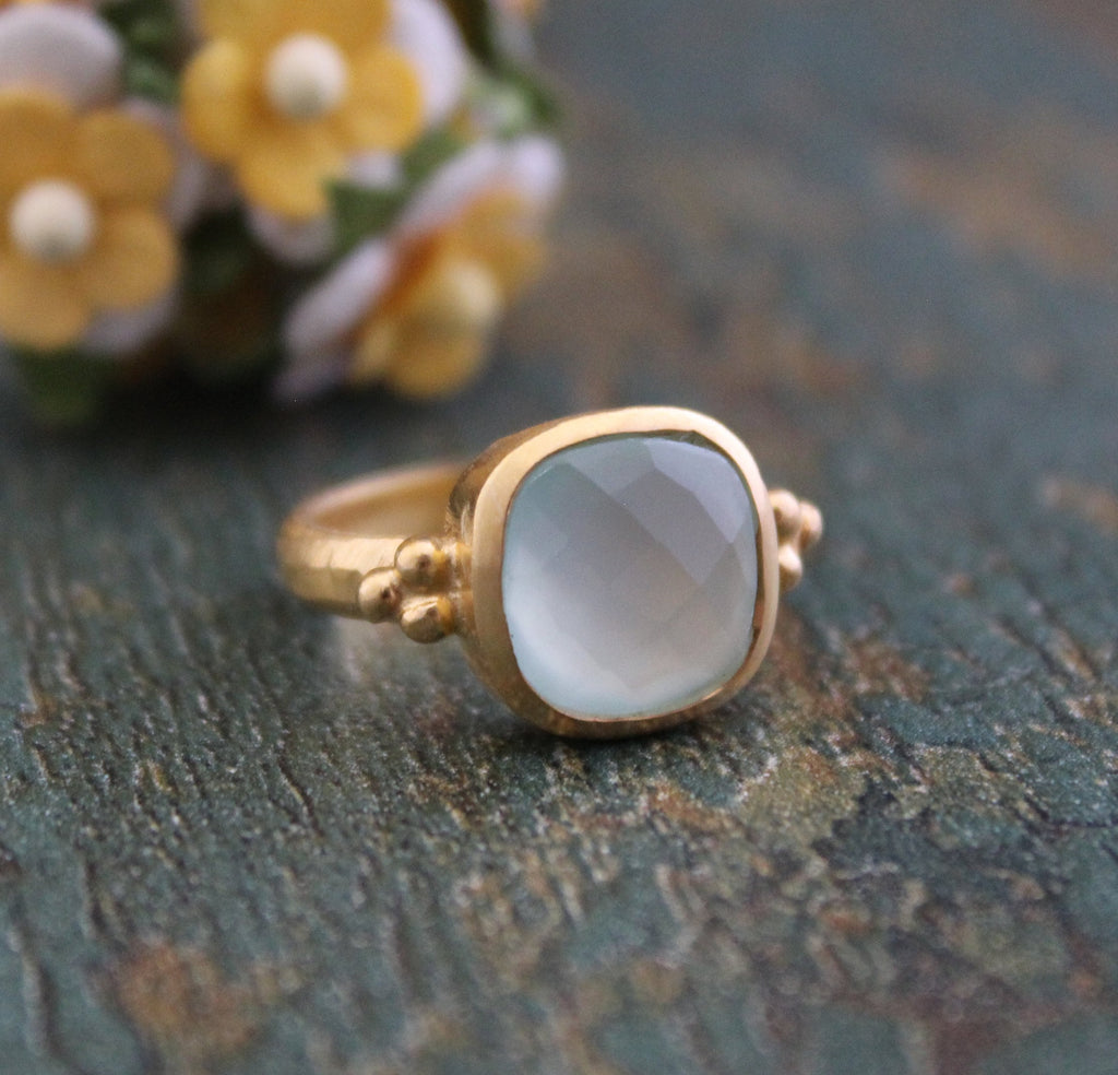 Aqua Chalcedony Ring: Hammered Sterling Silver Band, Gemstone Jewelry