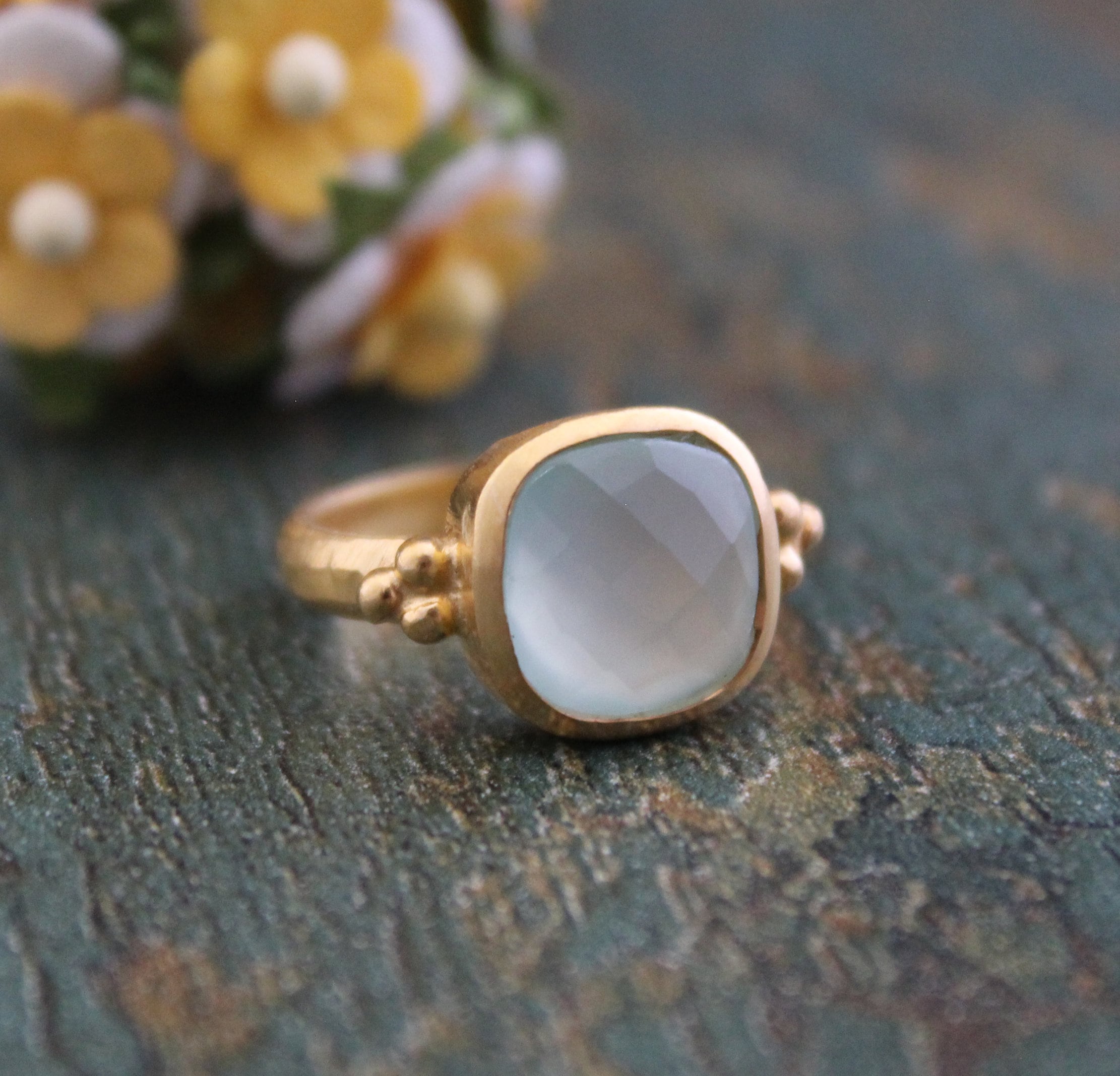 Aqua Chalcedony Ring: Hammered Sterling Silver Band, Gemstone Jewelry