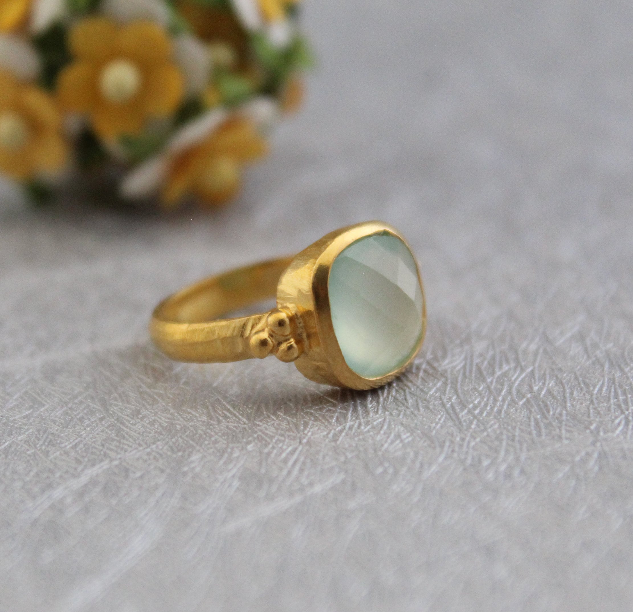 Aqua Chalcedony Ring: Hammered Sterling Silver Band, Gemstone Jewelry
