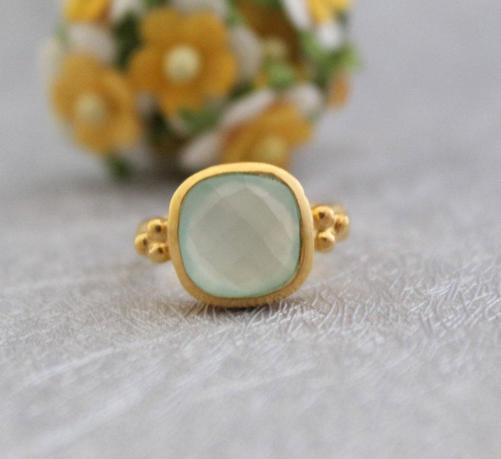 Aqua Chalcedony Ring: Hammered Sterling Silver Band, Gemstone Jewelry