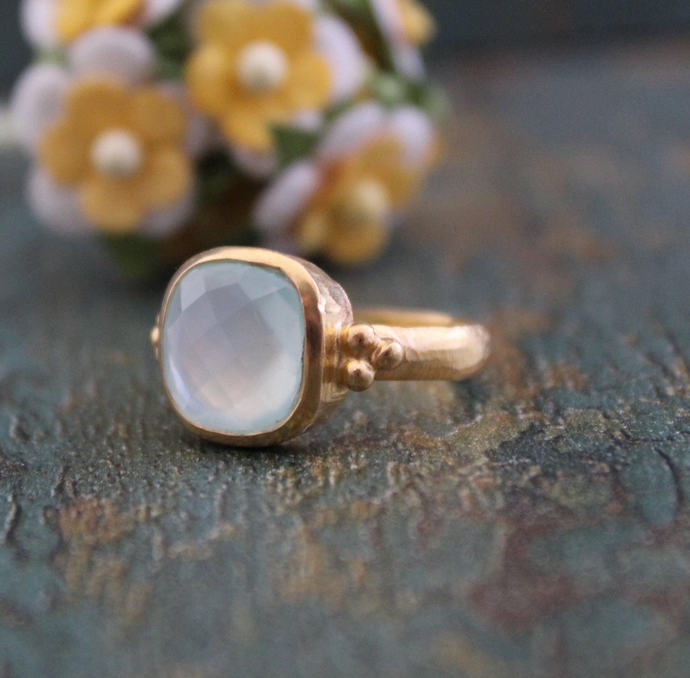 Aqua Chalcedony Ring: Hammered Sterling Silver Band, Gemstone Jewelry