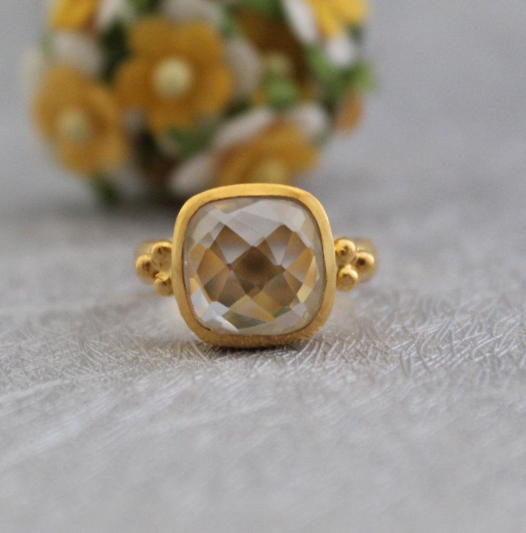 Clear Quartz Ring Gift For Friend, 925 Sterling Silver, Bridesmaid Gift, April Birthstone, Healing Crystal Jewelry, 18K Gold Micron Plated