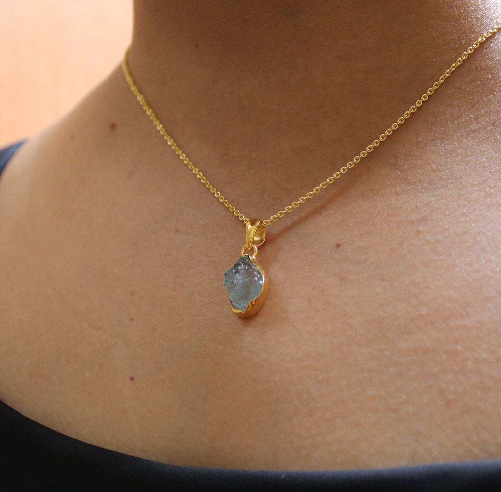 Raw Aquamarine Necklace: 18K Gold, March Birthstone, Sterling Silver