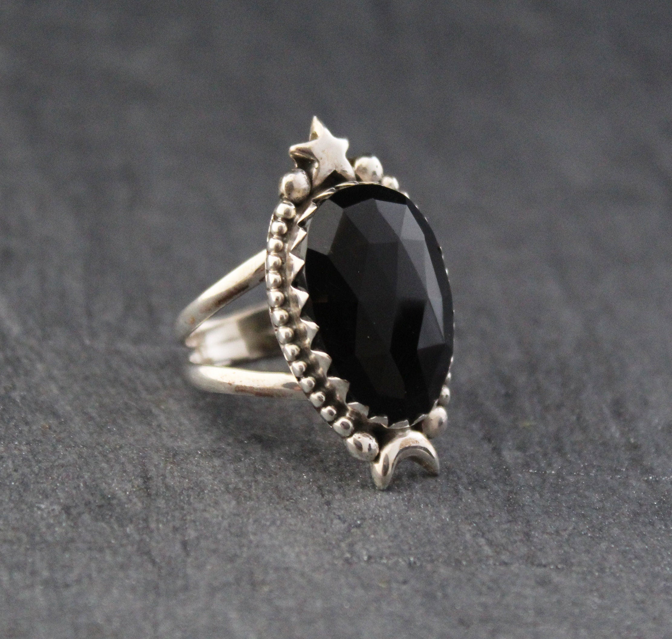 Black Onyx Ring, Moon and Stars Ring, Large silver Rings, Statement Handmade Jewelry, Birthday Gifts