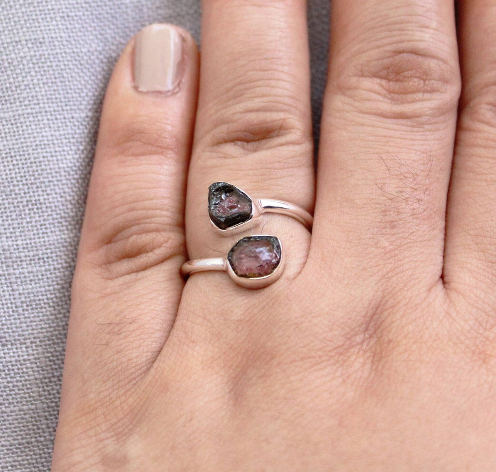 Raw Tourmaline Ring, Raw Crystal Ring, Adjustable Band, Rough Gemstone ring, Delicate Ring, Sterling silver ring, Birthstone ring, Stacking