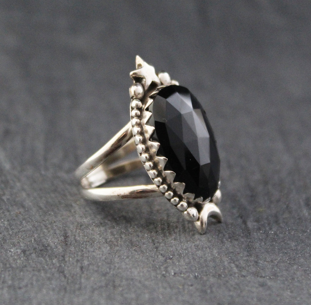 Black Onyx Ring, Moon and Stars Ring, Large silver Rings, Statement Handmade Jewelry, Birthday Gifts