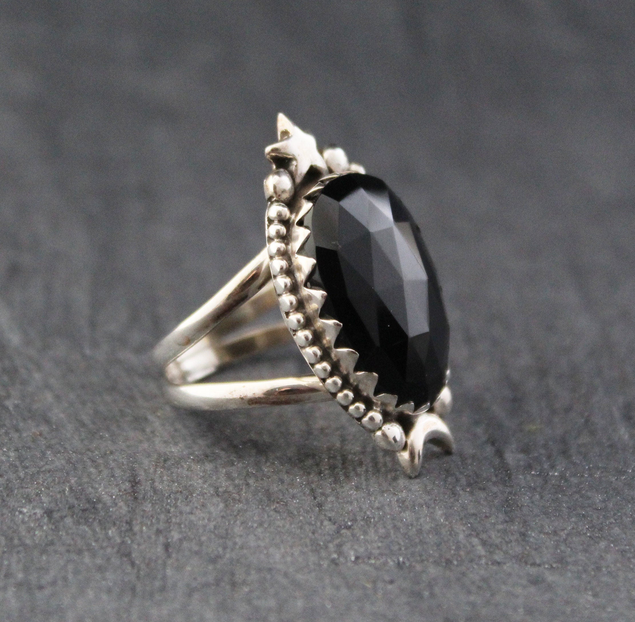 Black Onyx Ring, Moon and Stars Ring, Large silver Rings, Statement Handmade Jewelry, Birthday Gifts