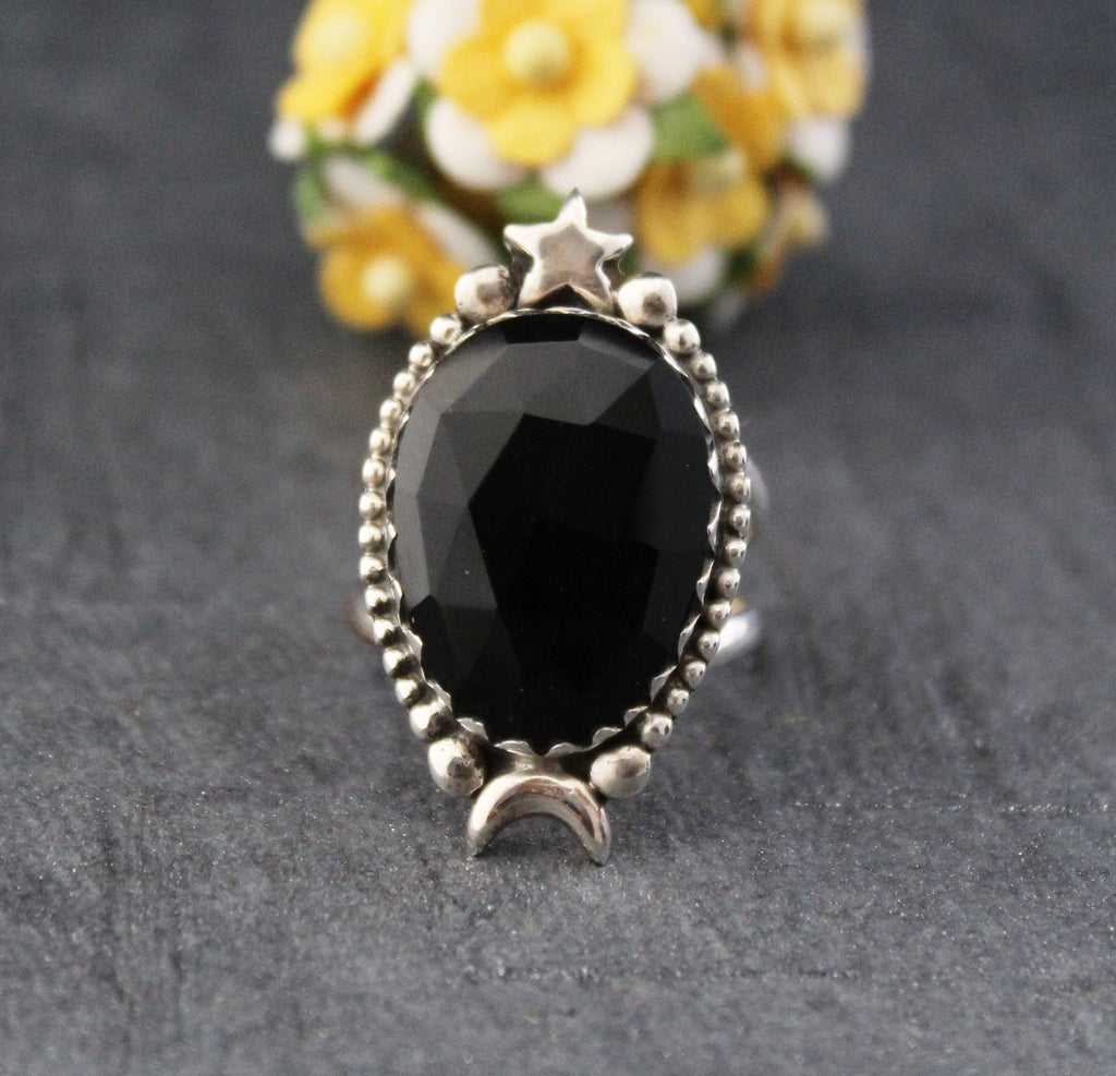 Black Onyx Ring, Moon and Stars Ring, Large silver Rings, Statement Handmade Jewelry, Birthday Gifts