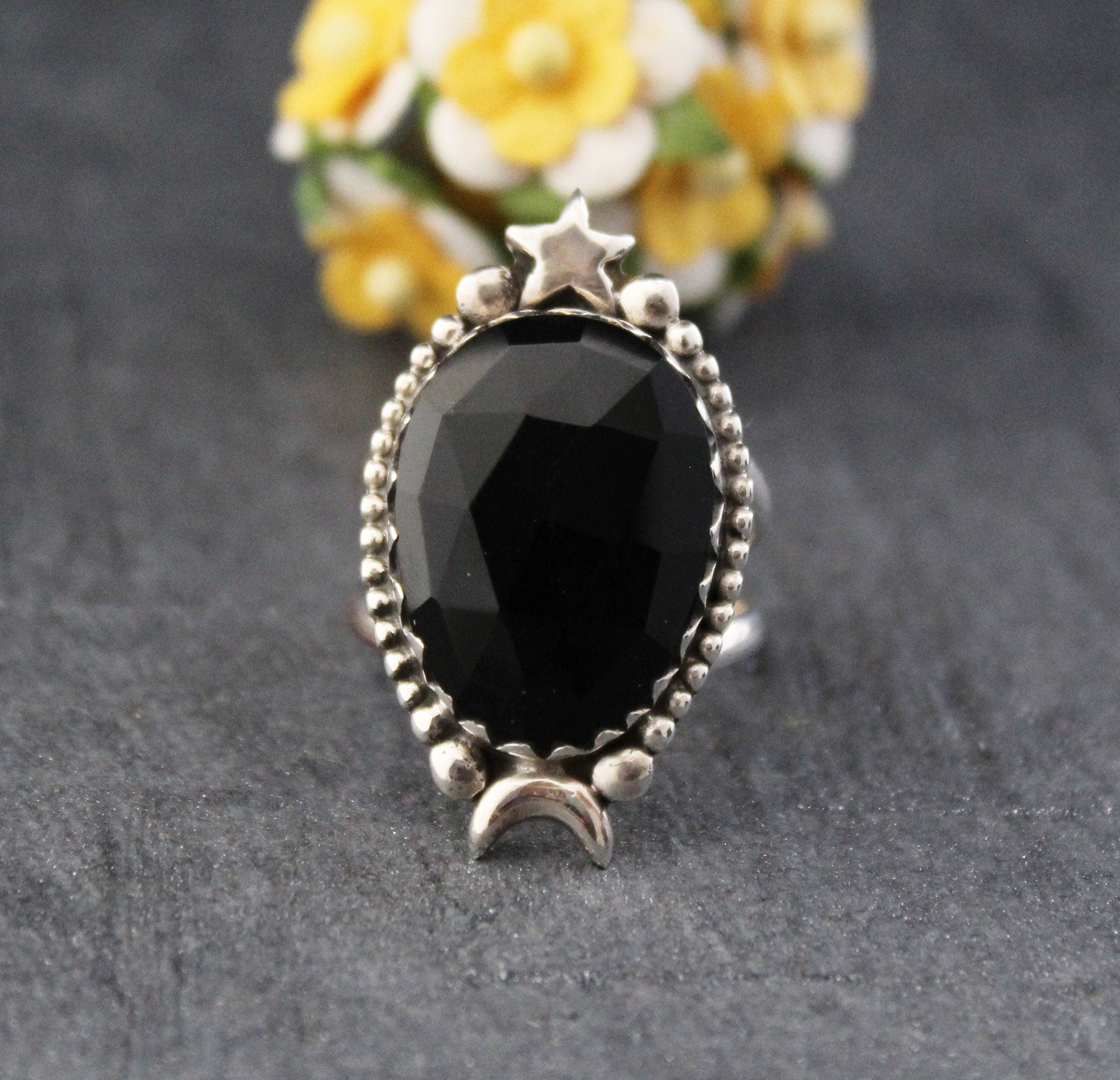 Black Onyx Ring, Moon and Stars Ring, Large silver Rings, Statement Handmade Jewelry, Birthday Gifts