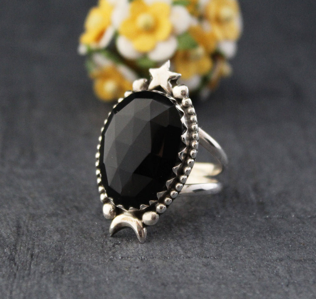 Black Onyx Ring, Moon and Stars Ring, Large silver Rings, Statement Handmade Jewelry, Birthday Gifts