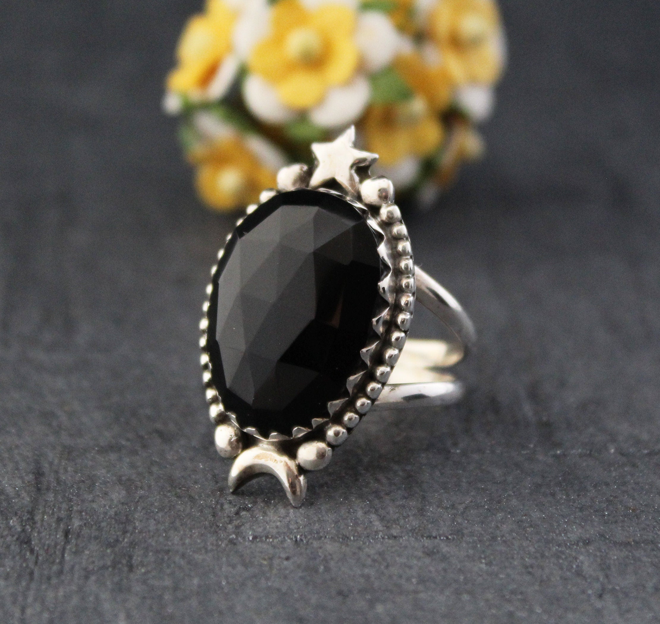 Black Onyx Ring, Moon and Stars Ring, Large silver Rings, Statement Handmade Jewelry, Birthday Gifts