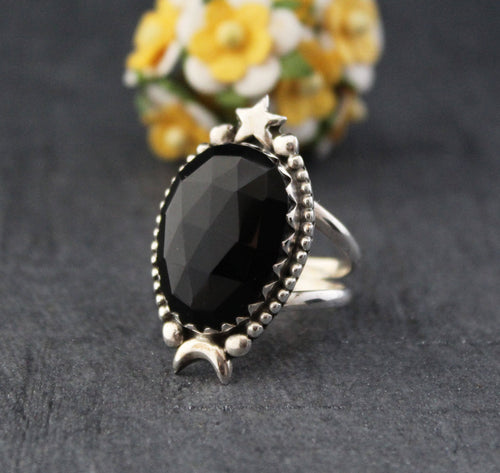 Black Onyx Ring, Moon and Stars Ring, Large silver Rings, Statement Handmade Jewelry, Birthday Gifts