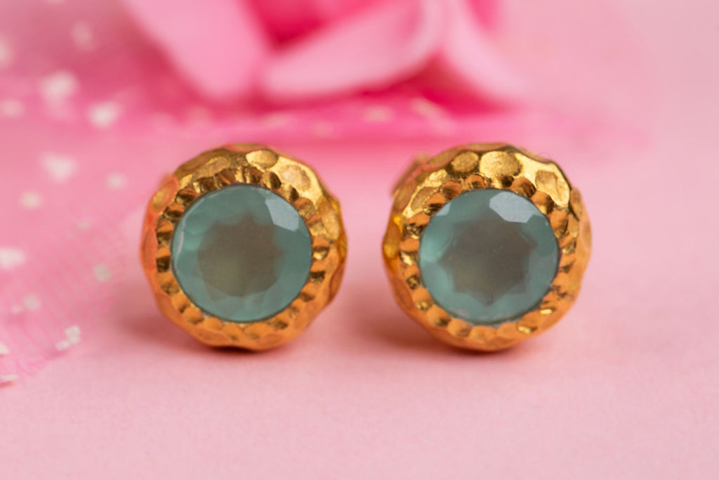 Chalcedony Studs, 18K Gold Studs, Gemstone Stud Earring, March Birthstone Jewellery, Dainty Studs, small stud earrings
