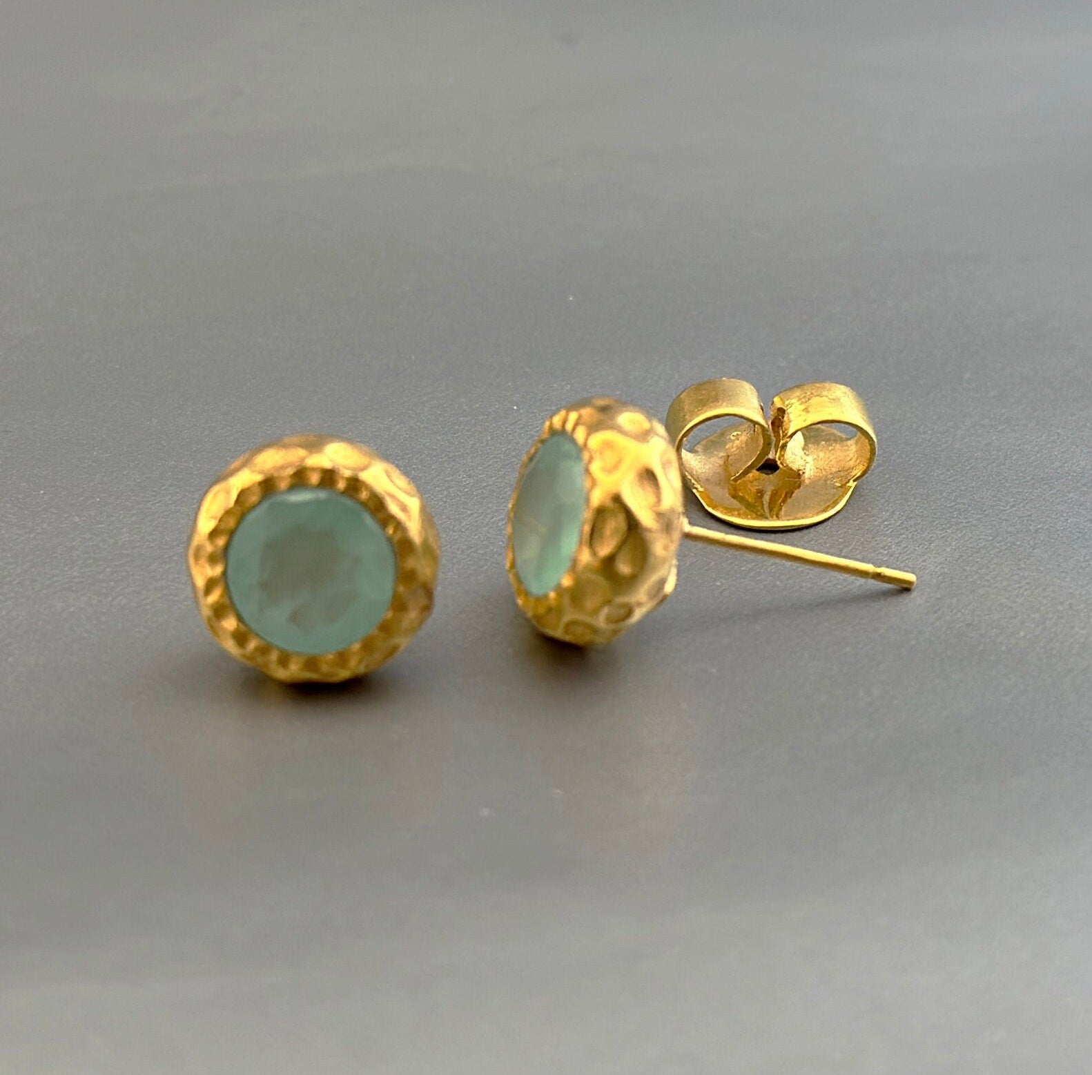 Chalcedony Studs, 18K Gold Studs, Gemstone Stud Earring, March Birthstone Jewellery, Dainty Studs, small stud earrings