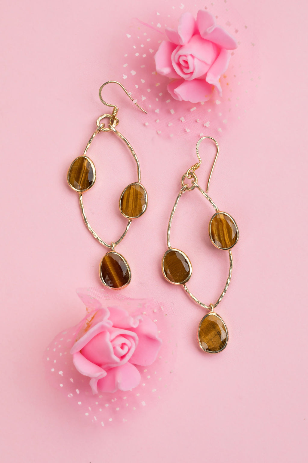 Tiger's Eye Dangle Earrings, Gold Earrings, Retro Statement Jewelry, Minimalist Gemstone, Vintage Jewelry Gift for Her