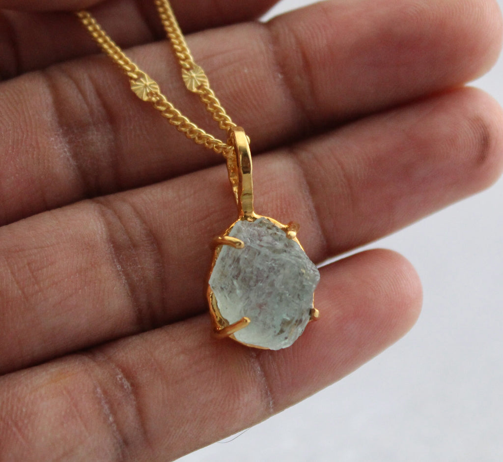 Aquamarine Necklace Sterling Silver, 18K Gold Plated Aquamarine Pendant, Sterling Raw Aquamarine Necklace, March Birthstone Necklace