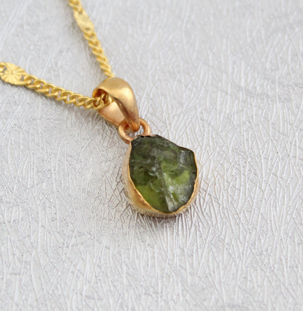 Raw Peridot Necklace, August Birthstone, Natural Green Gemstone Gift, 14K Gold Vermeil Pendant, Gold Filled Chain, gift for Mom