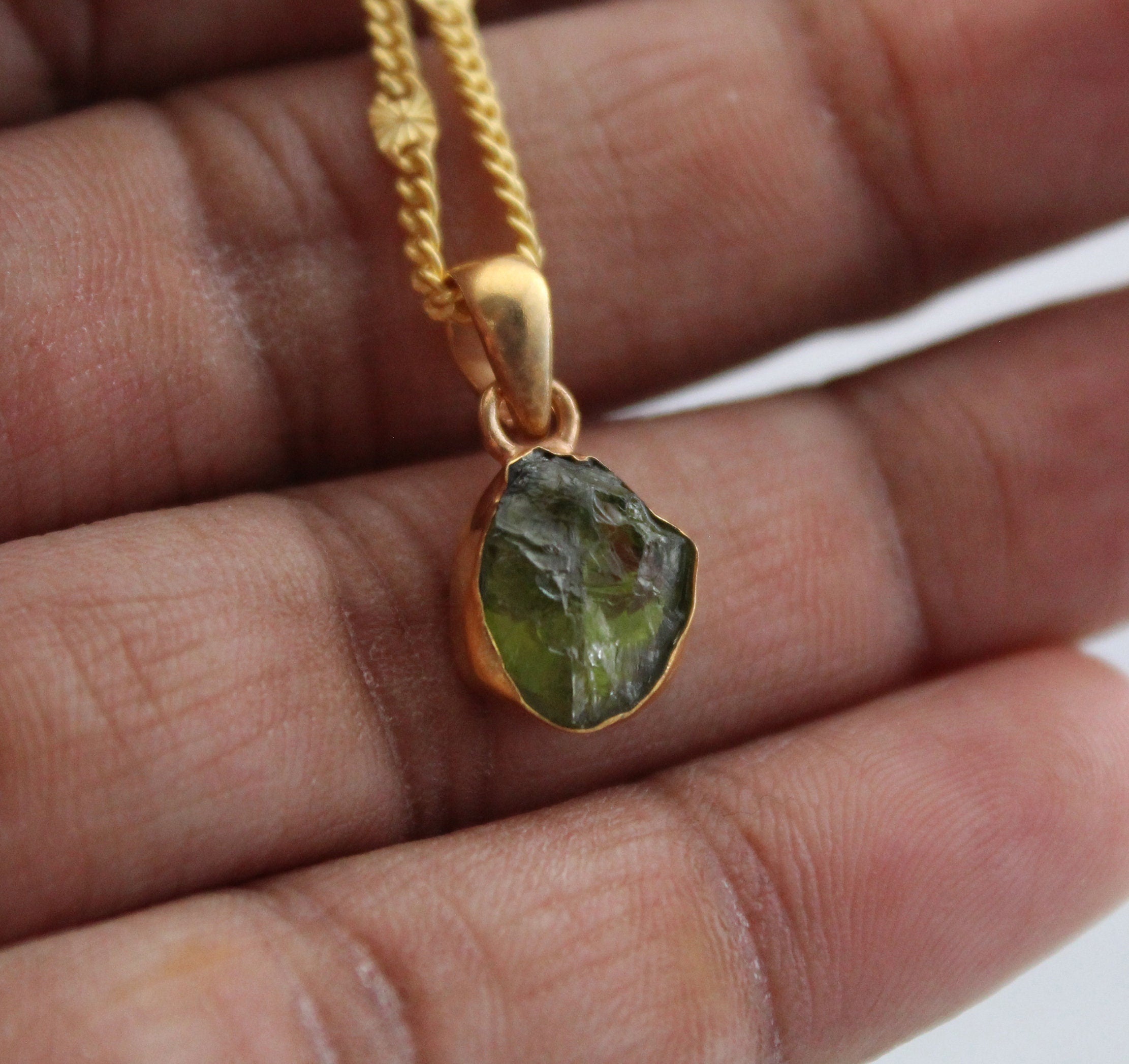 Raw Peridot Necklace, August Birthstone, Natural Green Gemstone Gift, 14K Gold Vermeil Pendant, Gold Filled Chain, gift for Mom