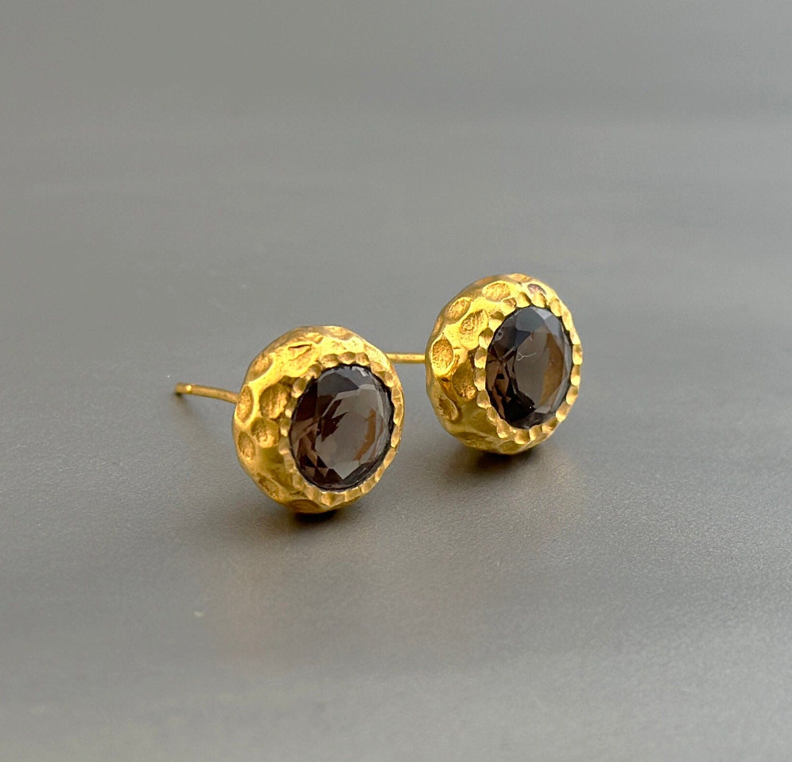 Smoky Topaz Stud Earrings, Gold Studs, Gift for Her, Minimalist Earrings, Small Stud Earrings, Birthstone Earrings