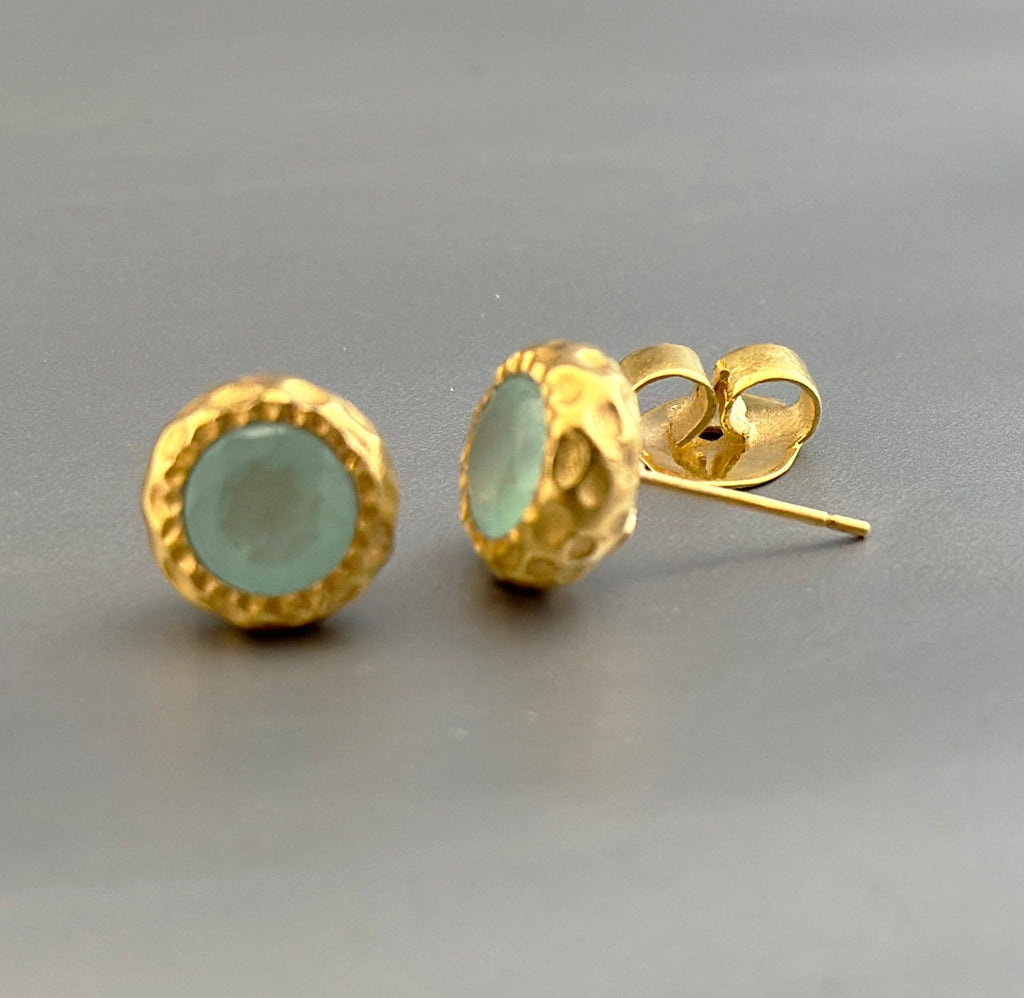 Chalcedony Studs, 18K Gold Studs, Gemstone Stud Earring, March Birthstone Jewellery, Bridesmaid Gifts, Statement, Earrings, Gift for Mom