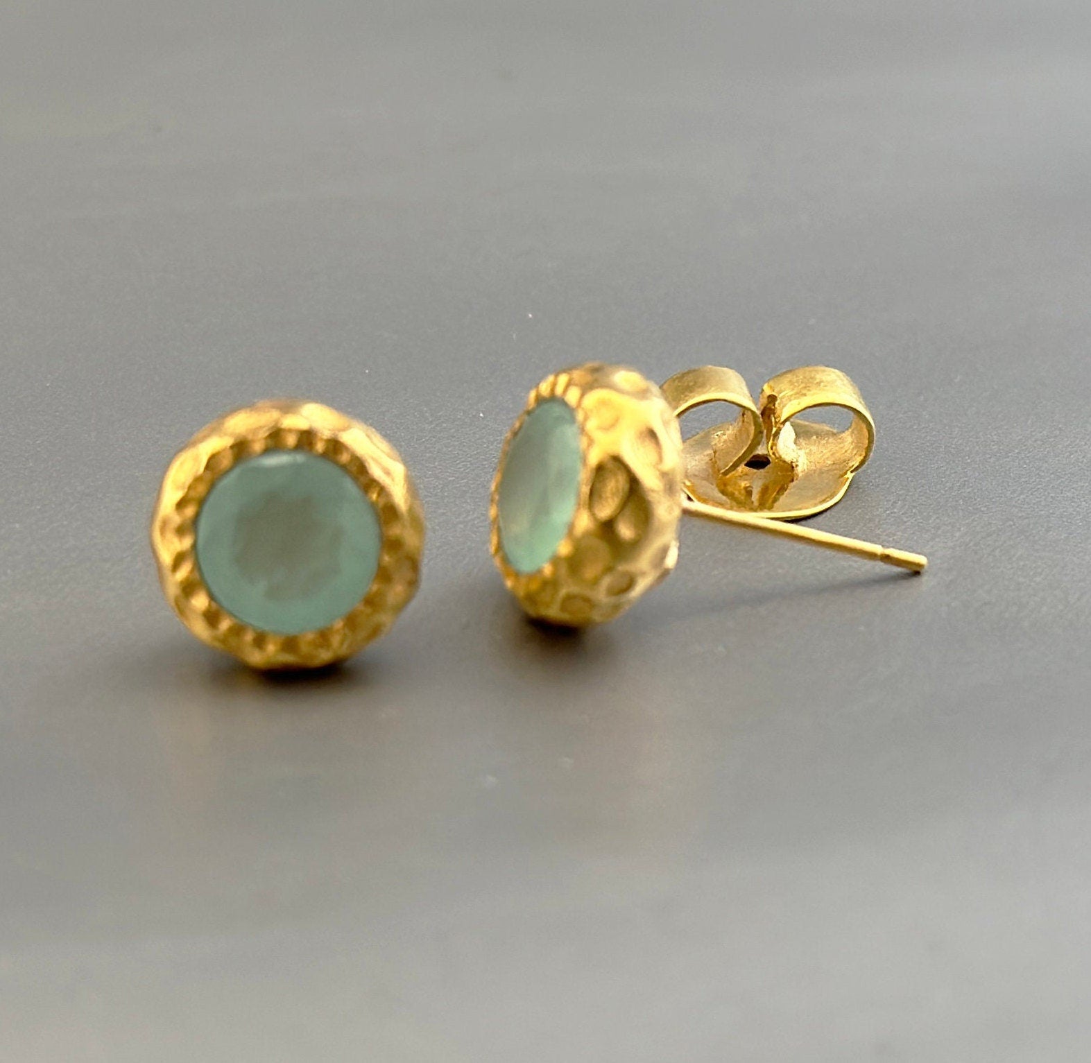 Chalcedony Studs, 18K Gold Studs, Gemstone Stud Earring, March Birthstone Jewellery, Bridesmaid Gifts, Statement, Earrings, Gift for Mom